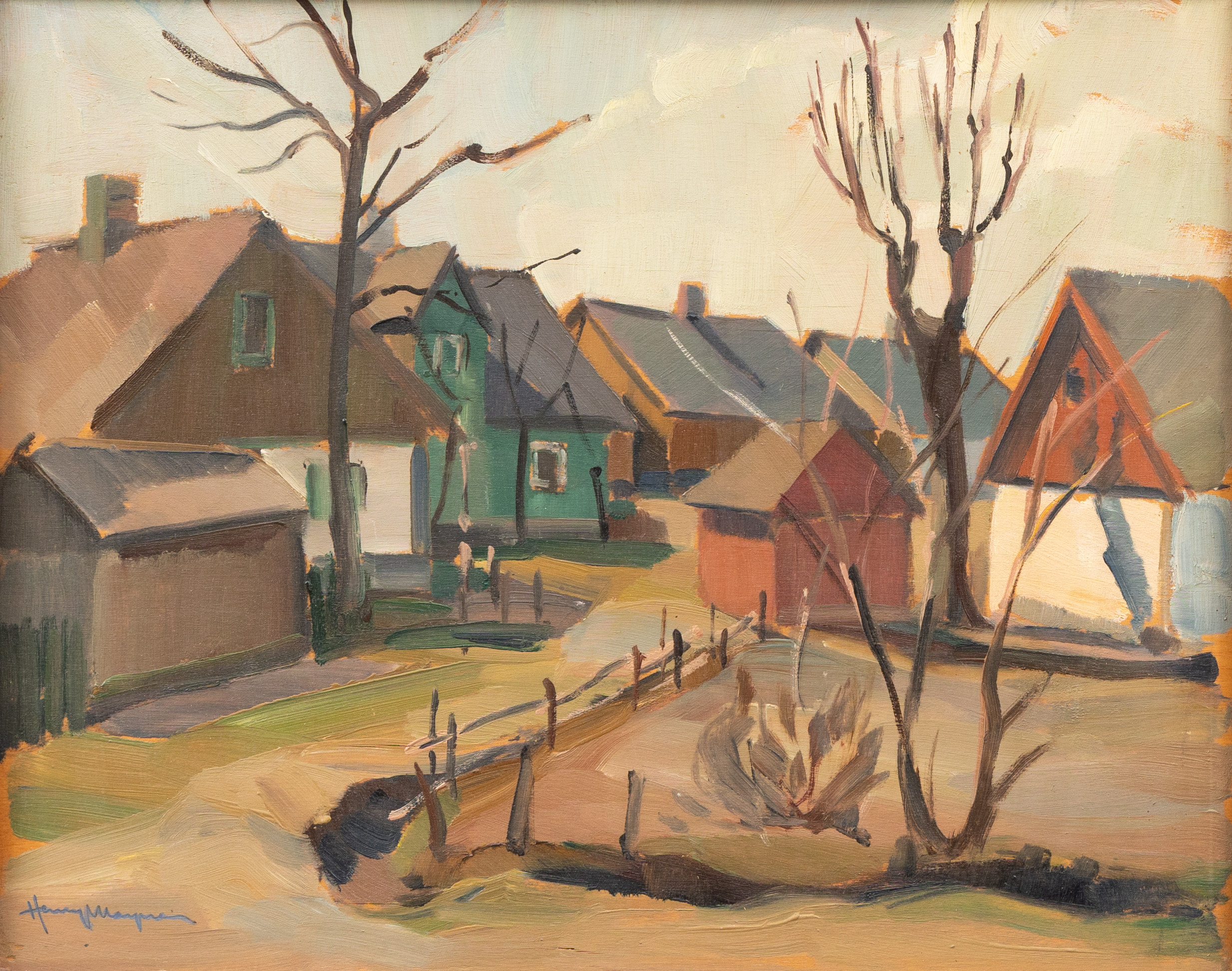 HENRY MAYNE. "Gamla hus", Herrestad, Österlen, olja på pannå, signerad.