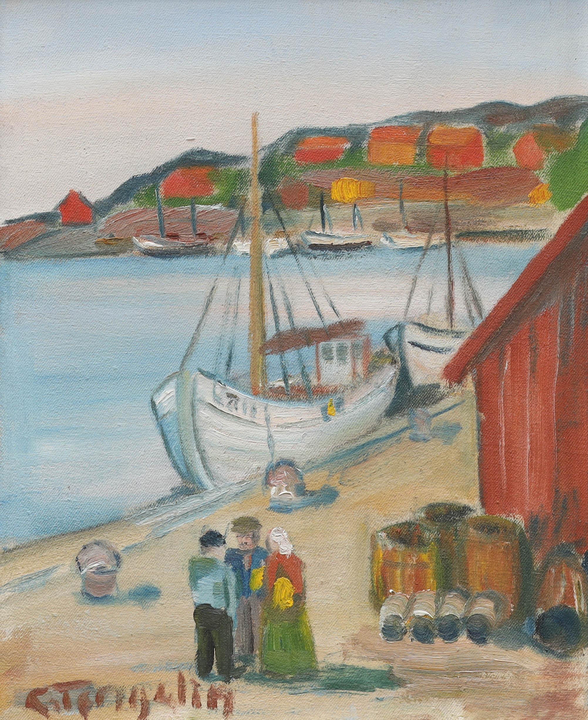 OIDENTIFIERAD KONSTNÄR. olja på duk, figurscen vid hamn, signerad.