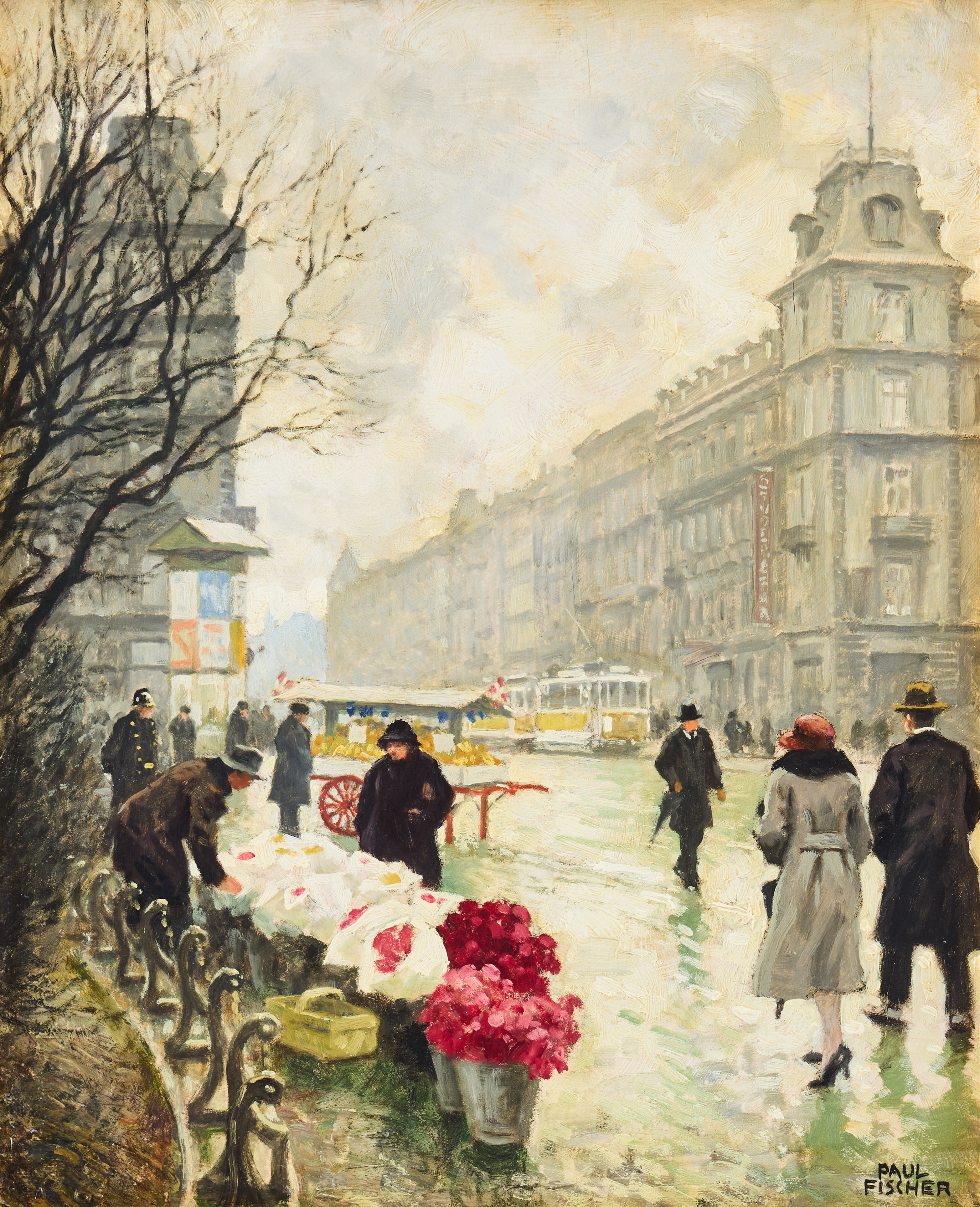 PAUL FISCHER (DANMARK 1860-1934). Blomstermarknad, Köpenhamn.