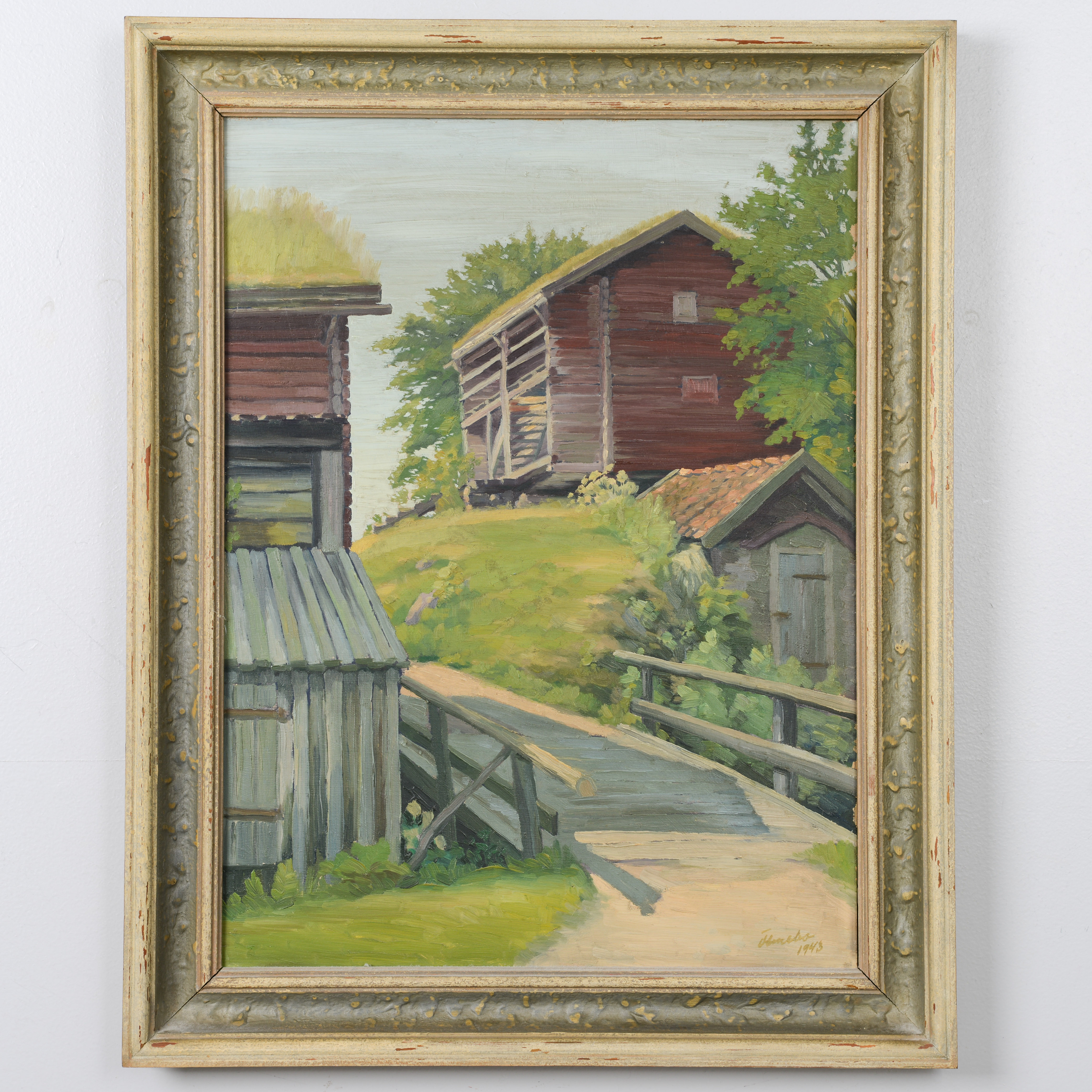 ERIK ÖLMEBO. "Hembygdsgården", olja på pannå, signerad, daterad 1943.