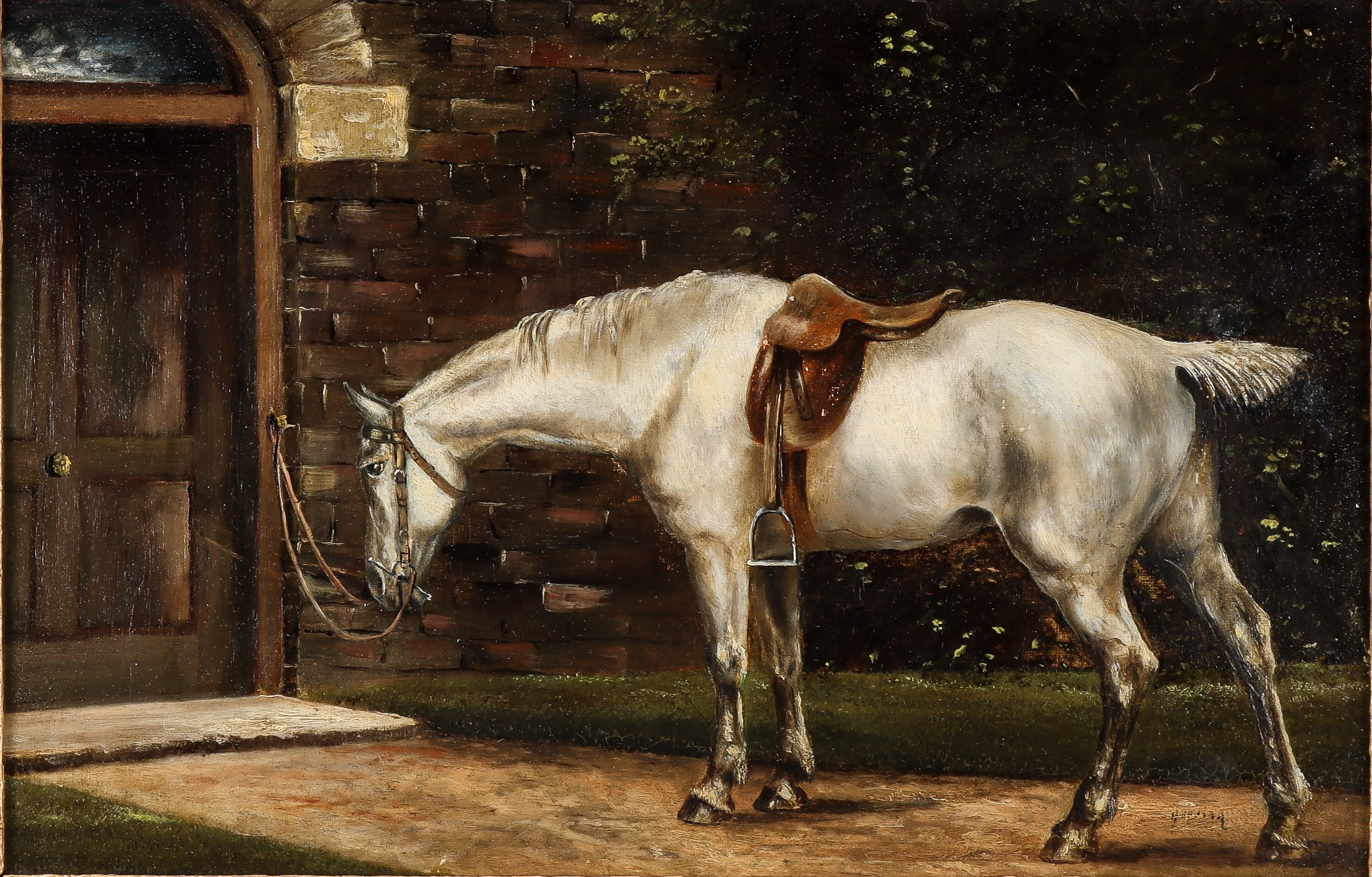 OIDENTIFIERAD KONSTNÄR, Häst utanför port, 1884.