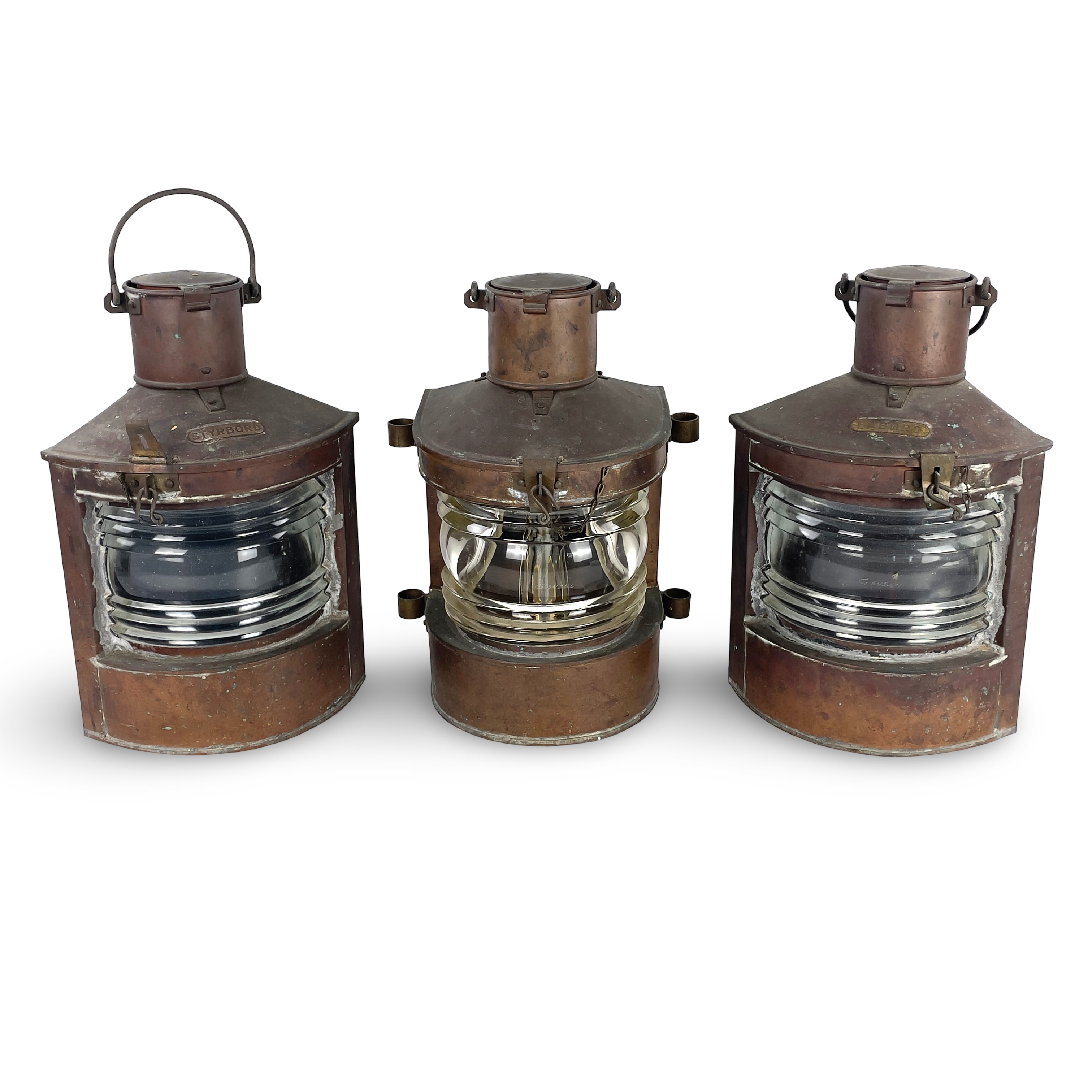 LANTERNOR, set om 3 st. Koppar och glas, 1900-tal.
