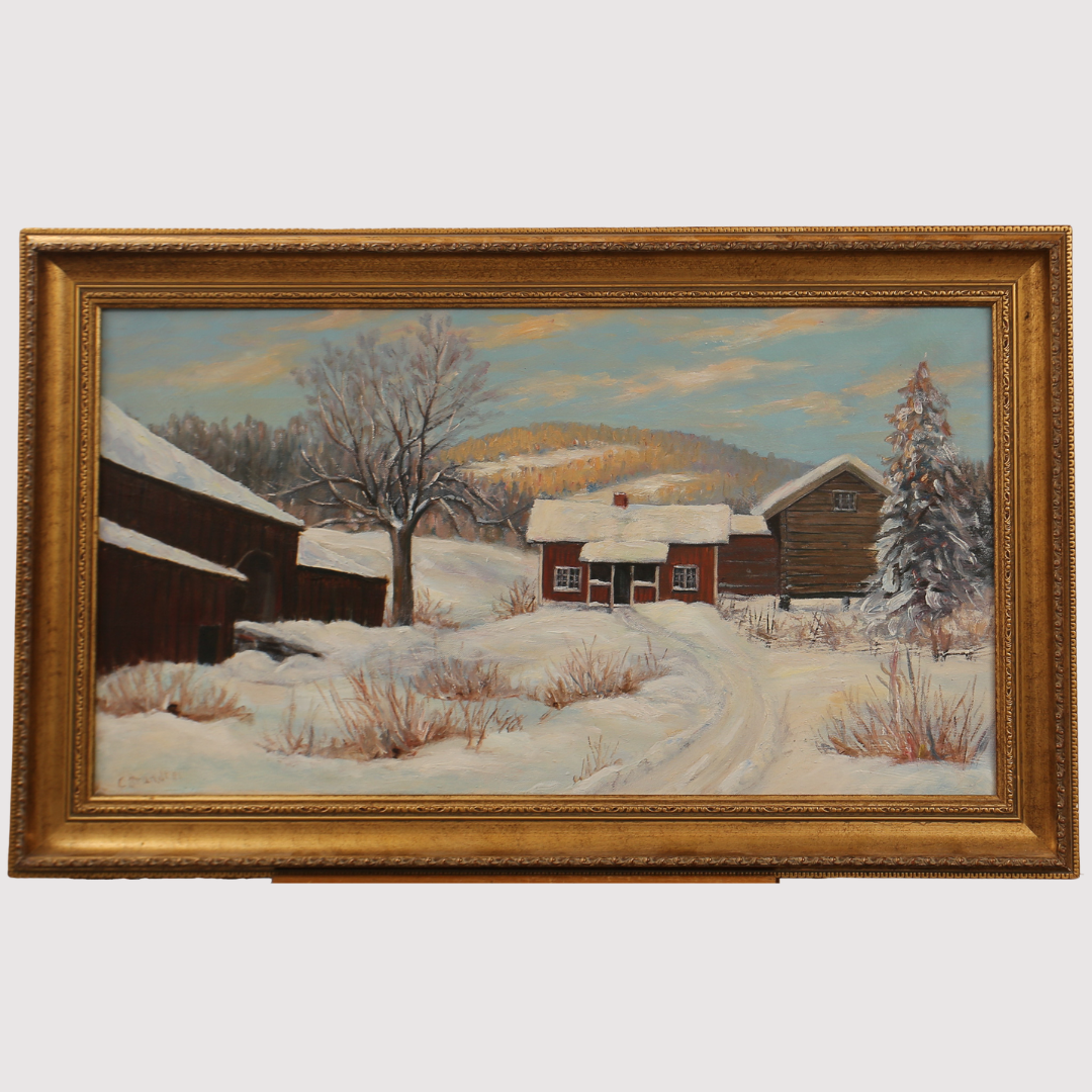 CARL BRANDT. Olja på duk, gård i vinterskrud, signerad, daterad 1921.