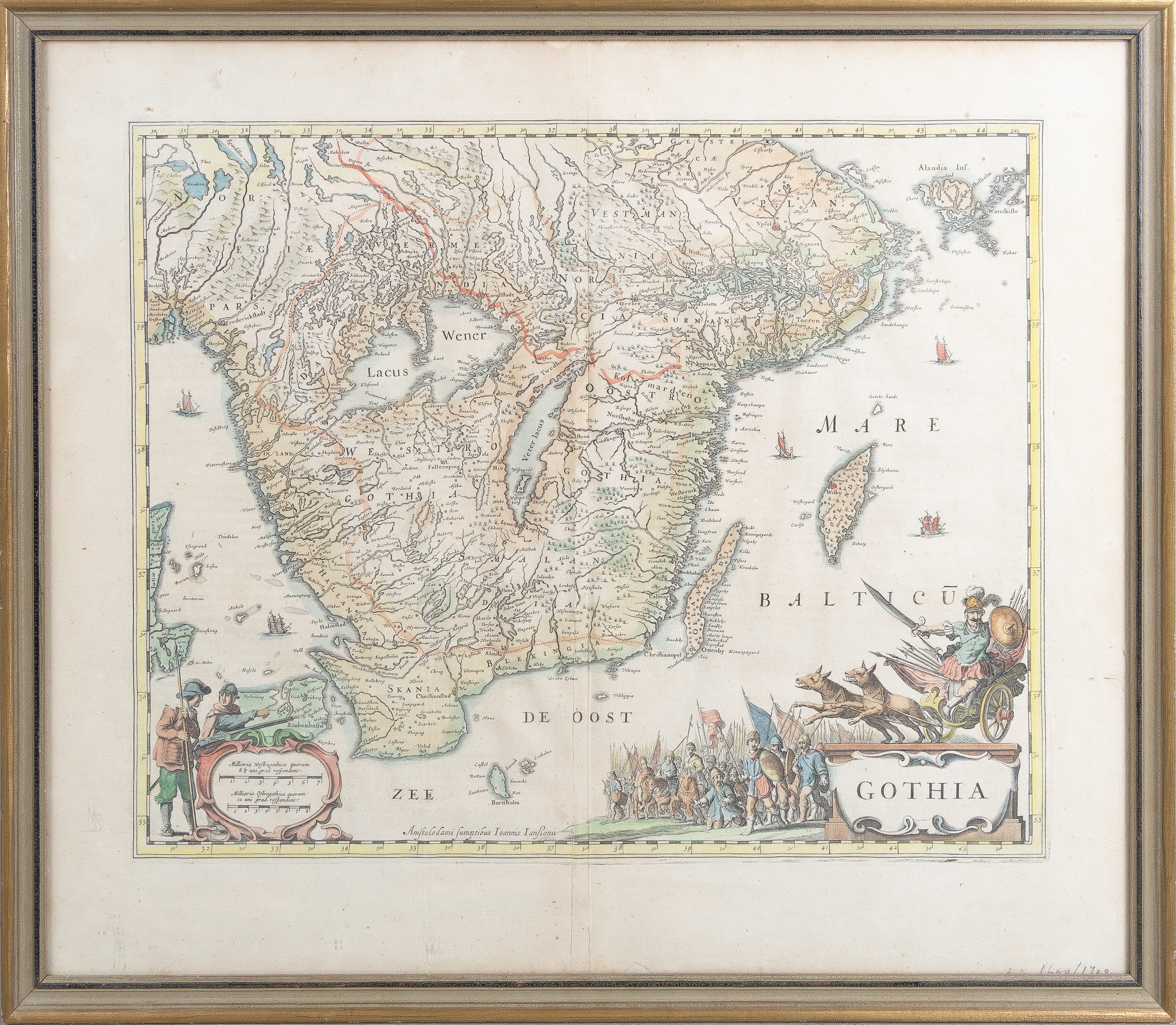 KARTA, "Gothia", Janssonius, ca 1645, kolorerat kopparstick, glasad baksida.