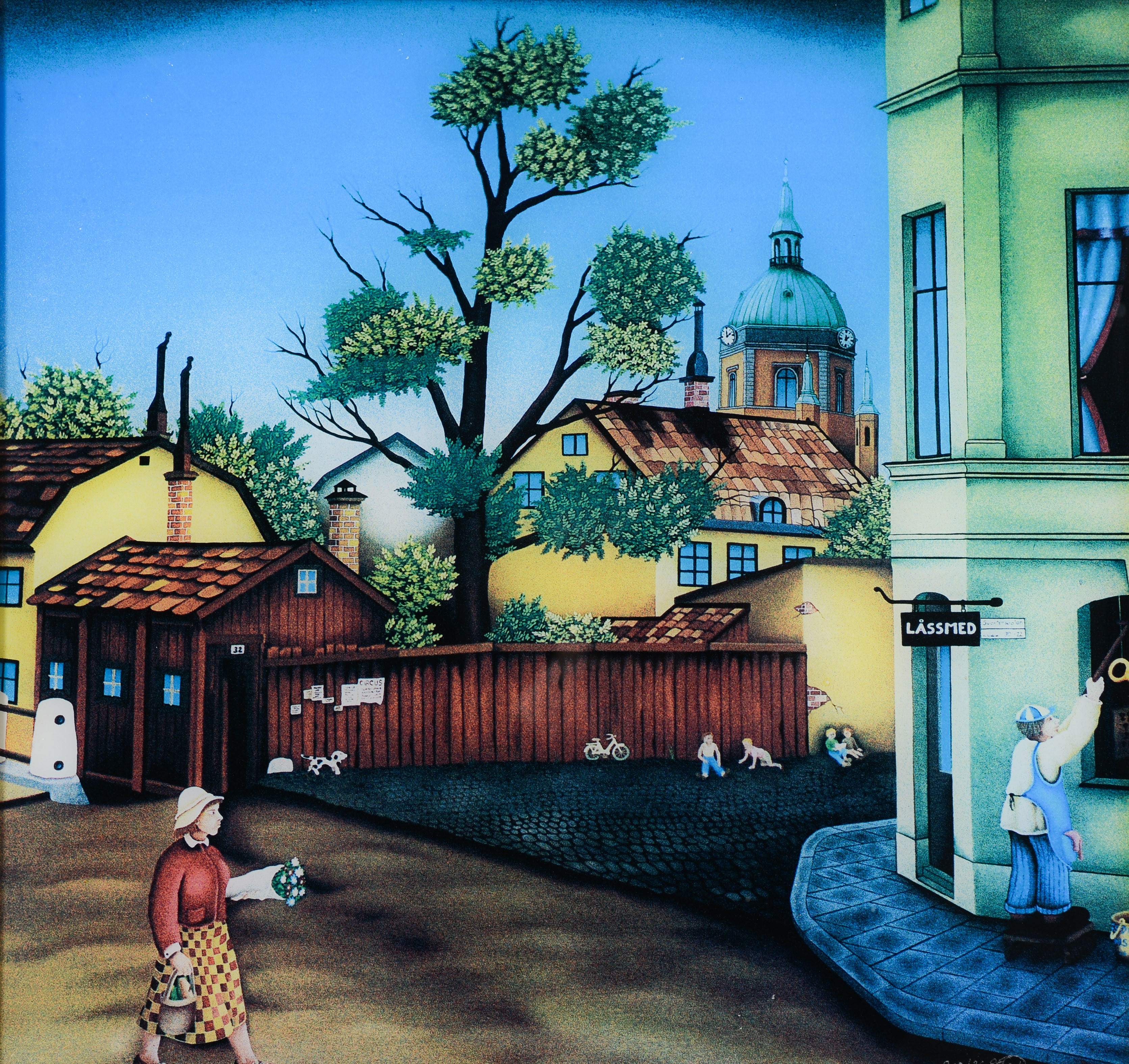 VLADIMIR BECK. Vy mot Katarina Kyrka sett från Svartensgatan, litografi på glas, signerad, numrerad 209/360.