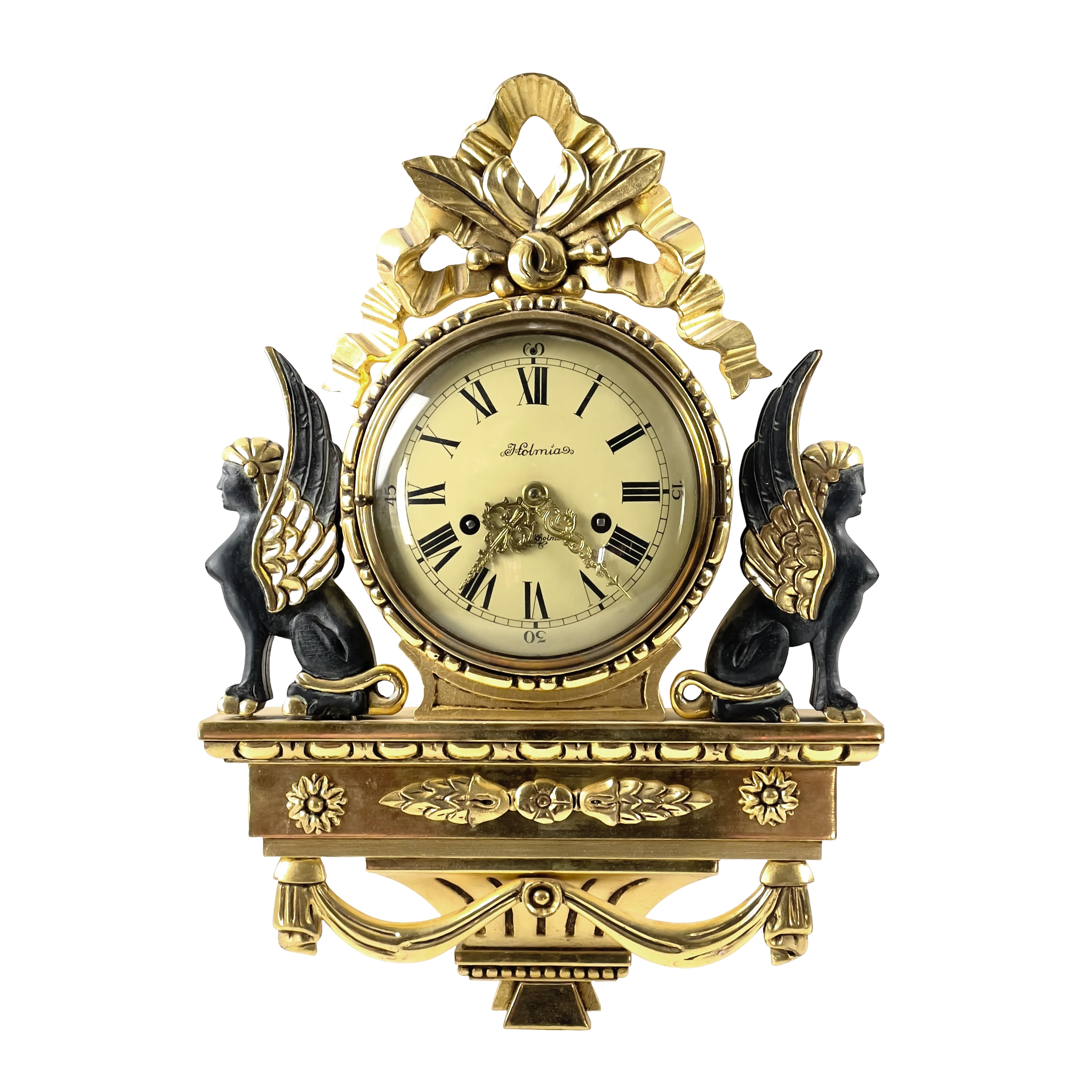 VÄGGPENDYL. Empirestil, förgylld, Holmia, Stockholm, 1900-tal.