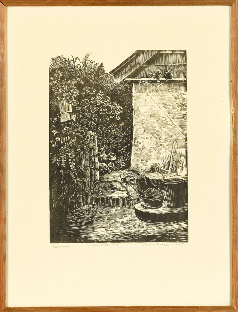 KARIN PERSSON. Trägravyr, "Sommarvardag", Signerad, 1945.