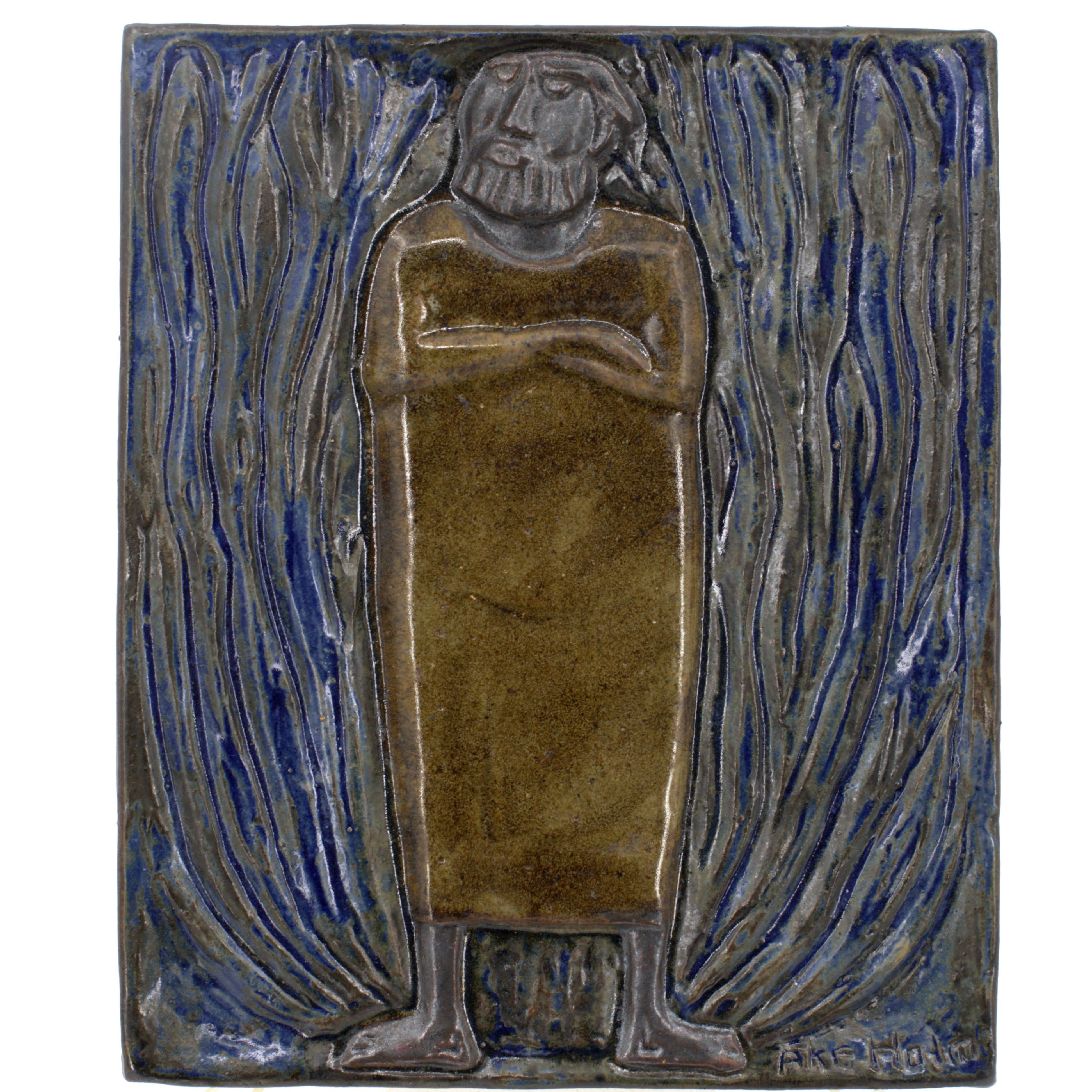 ÅKE HOLM. Väggplakett, "Moses och den brinnande busken", glaserad stengods, signerad.