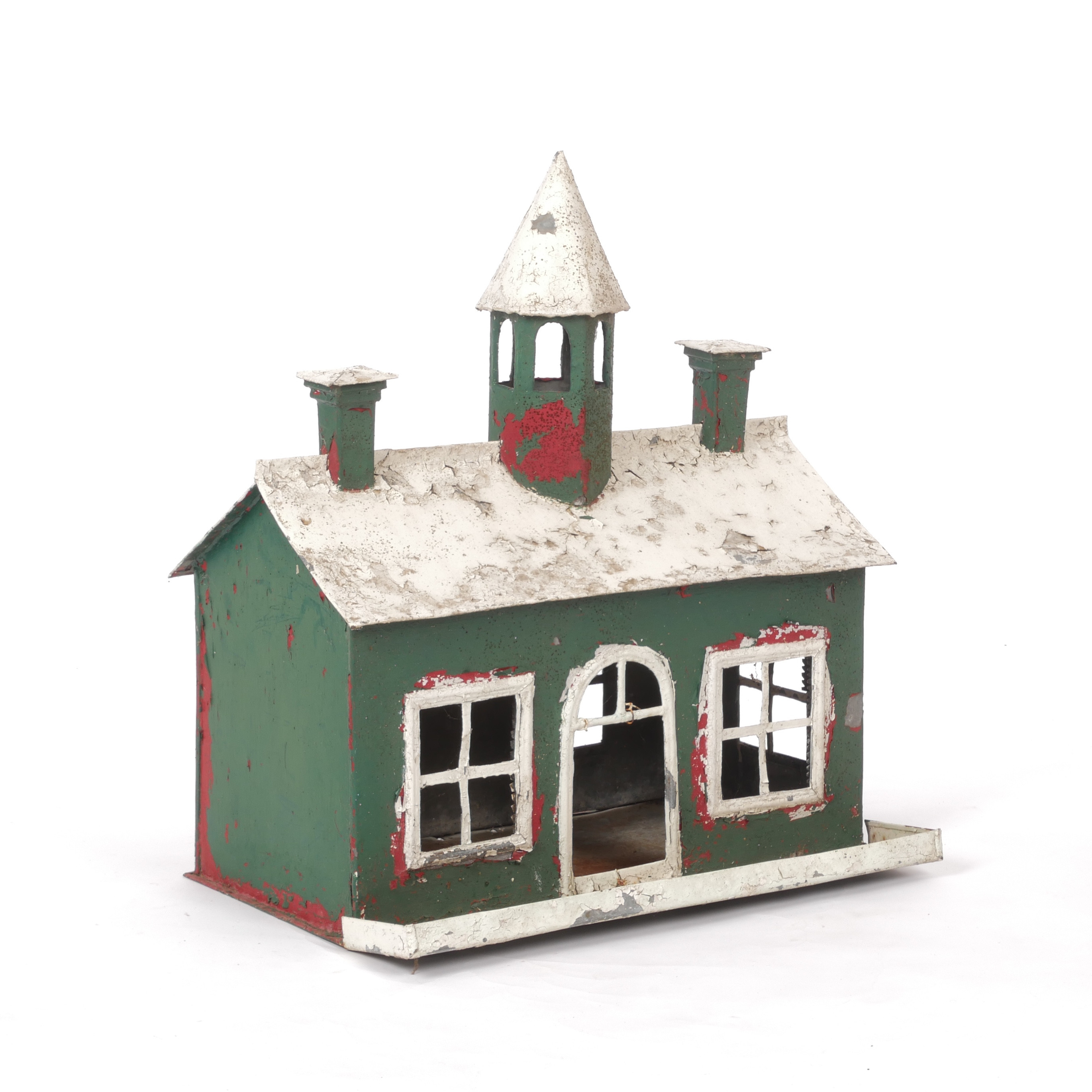 FÅGELBORD, i form av hus, målad plåt, 1900-tal.