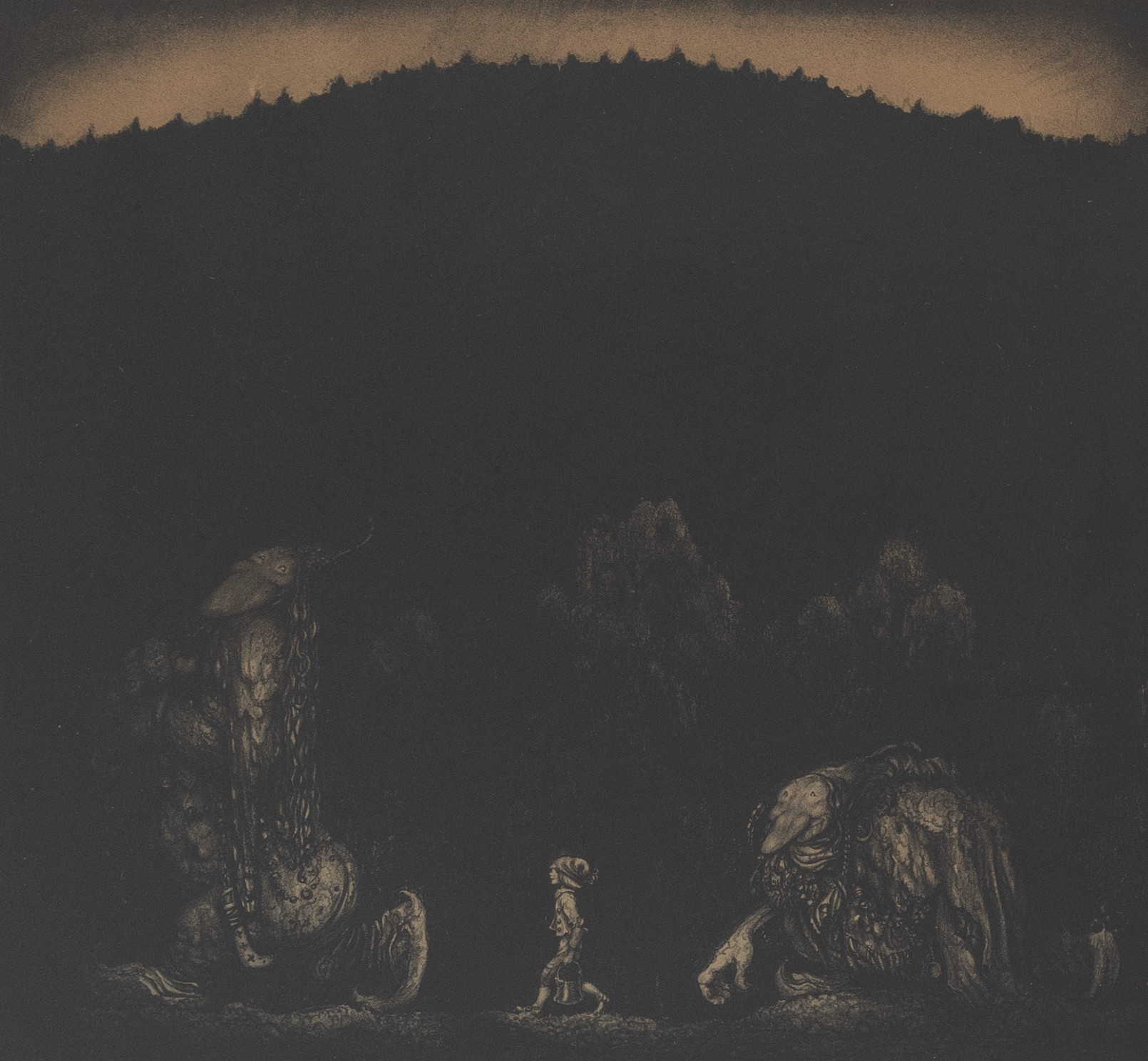 JOHN BAUER. "Pojke och två troll", ur Troll, litografi, osignerad.