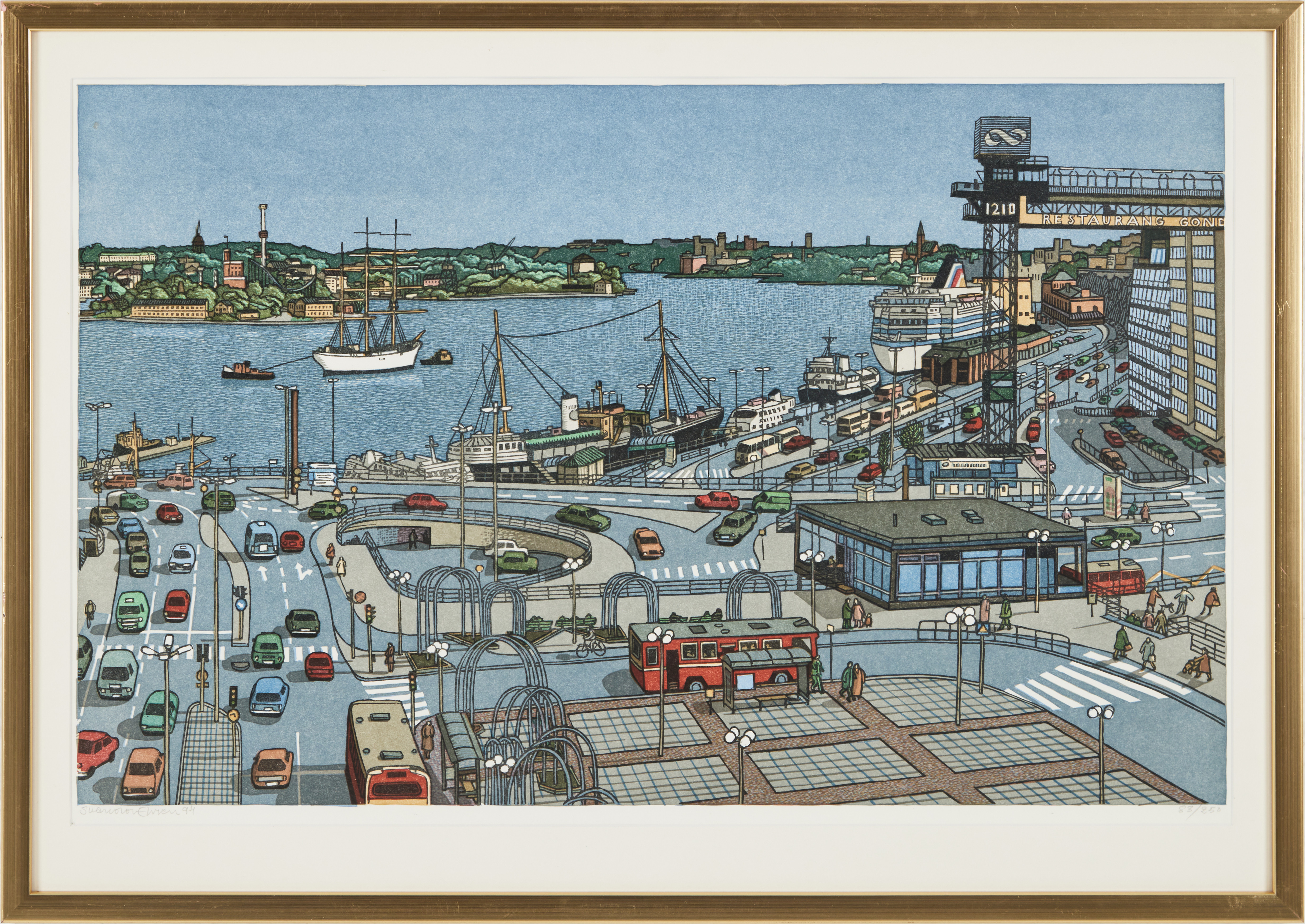 SVENOLOV EHRÉN. Slussenpanorama, färglitografier, 4 st., signerad och daterad -94, numrerade 80/250.
