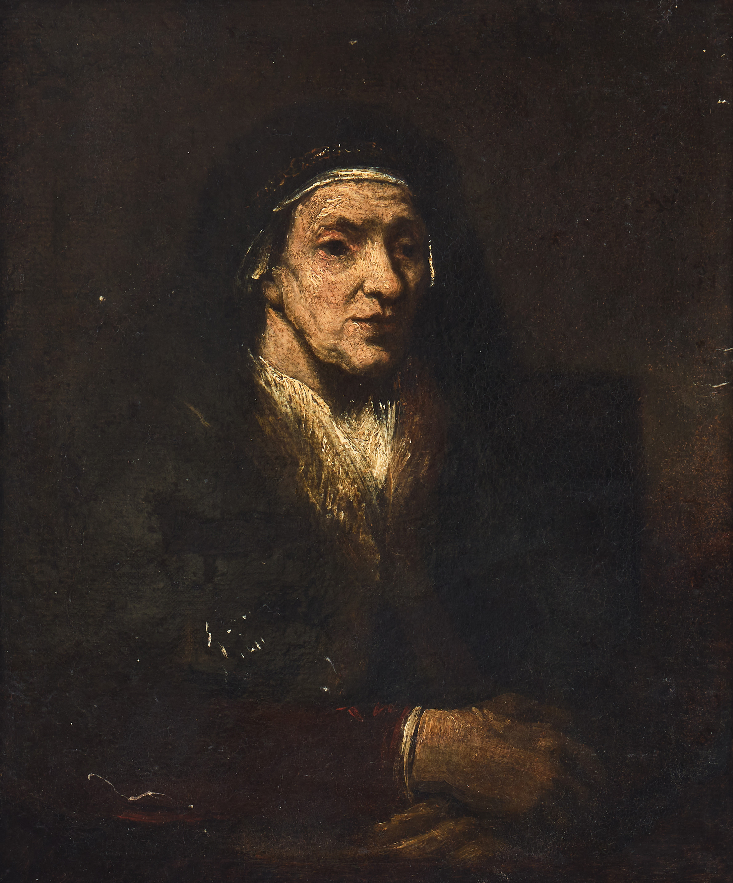 DUTCH SCHOOL, 17TH CENTURY. Circle of Rembrandt van Rijn. Portrait of a seated woman with her hands clasped.