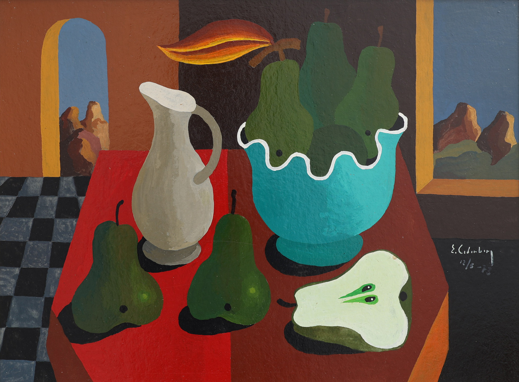 ERIC CEDERBERG. TEMPERA PÅ PANNÅ, STILLEBEN MED PÄRON, SIGNERAD OCH DATERAD 1973.
