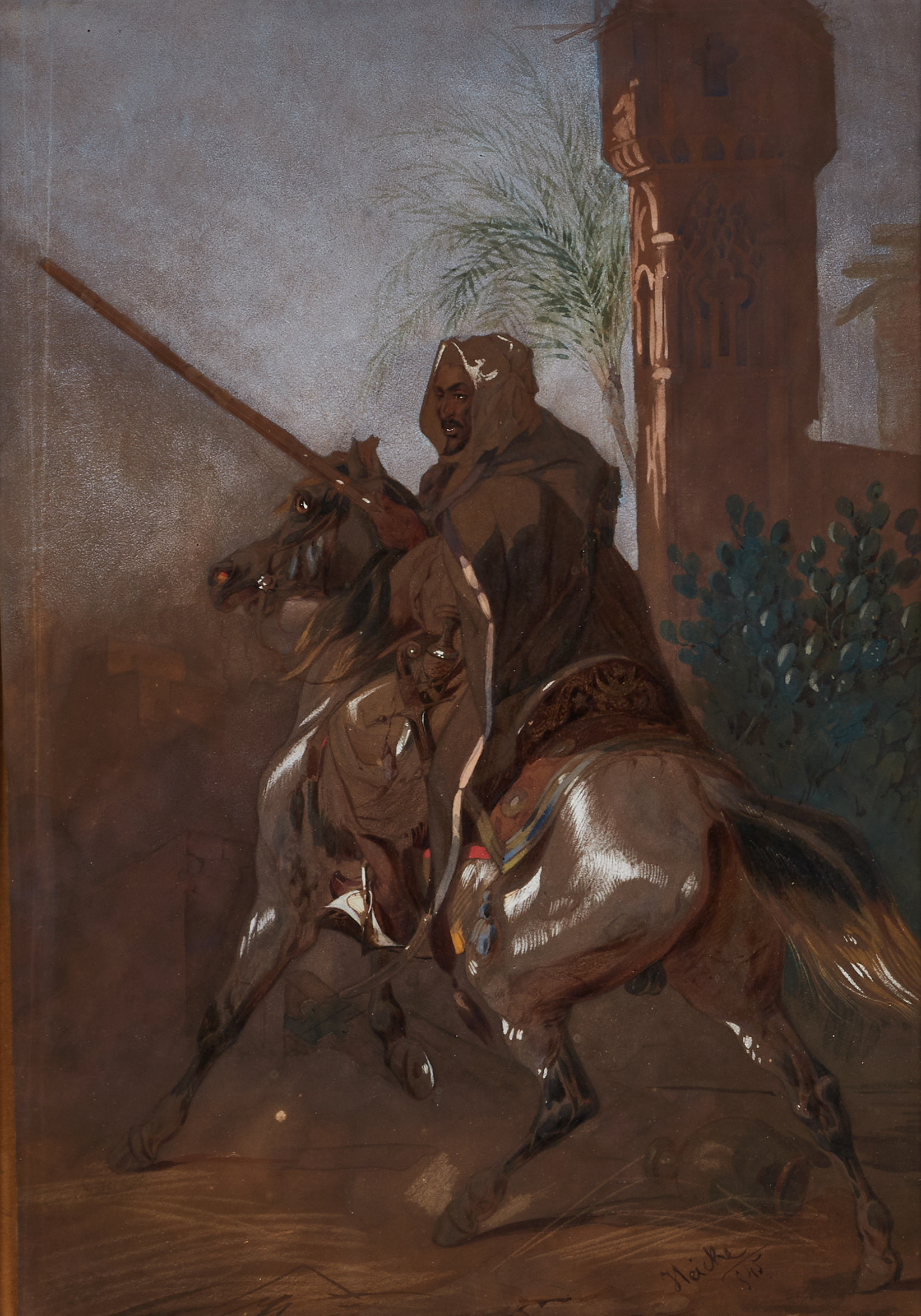 JOSEPH HEICKE (ÖSTTERIKE, 1811-1861). TILLSKRIVEN. Arabisk ryttare, signerad och daterad 1845 (1845), akvarell/gouache med täckvitt.