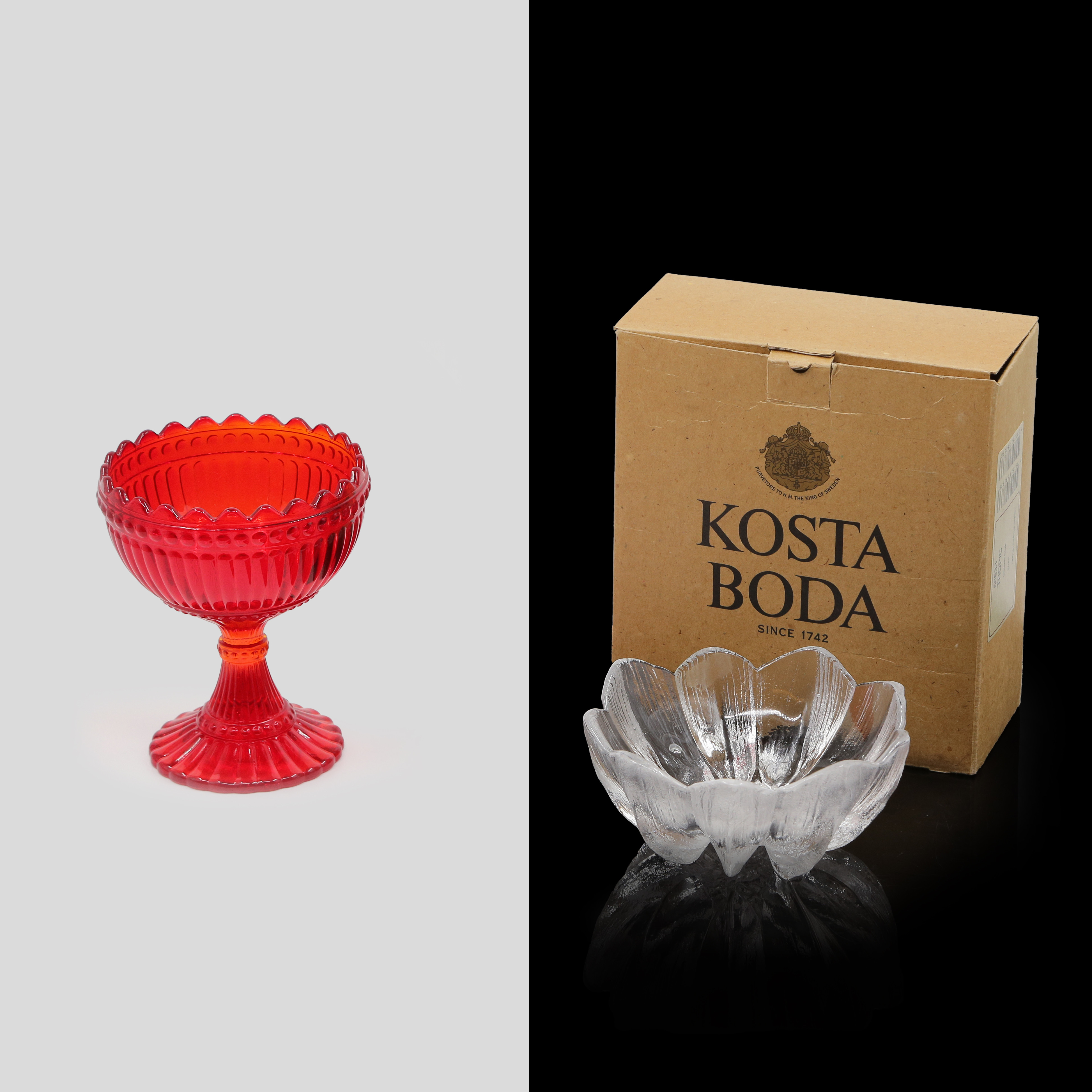 GUNNEL SAHLIN, SKÅL I GLAS "TROPIC" SAMT SKÅL PÅ FOT "MARISKOOLI", IITTALA MARIMEKKO, 1900-TAL.