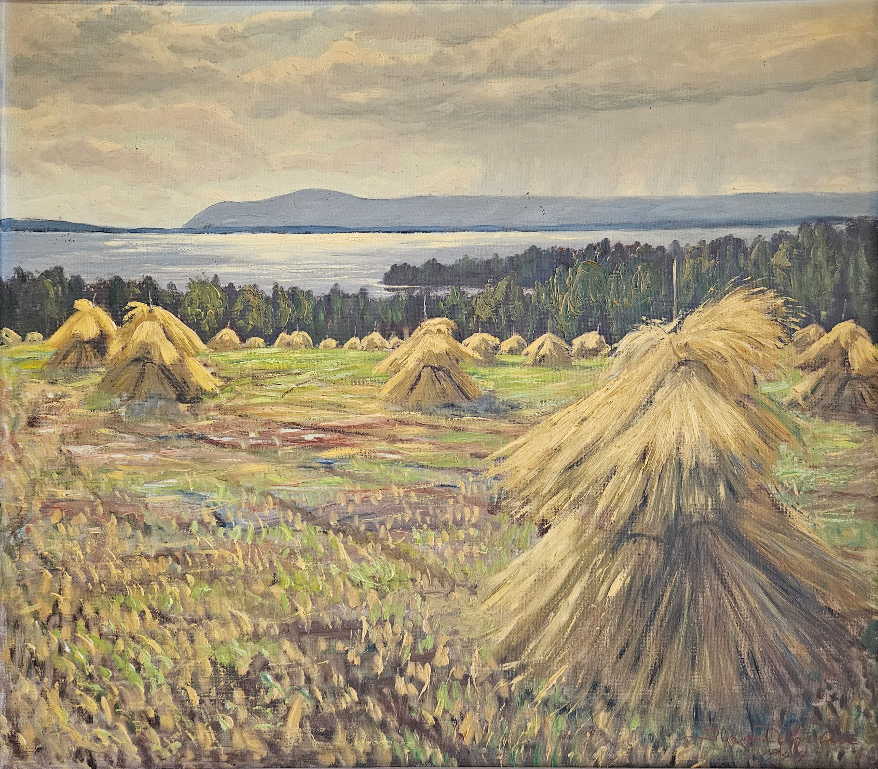 BIRGER HJELM. Landskap med höhässjor, olja på pannå, signerad Birger Hjelm och daterad 1944.