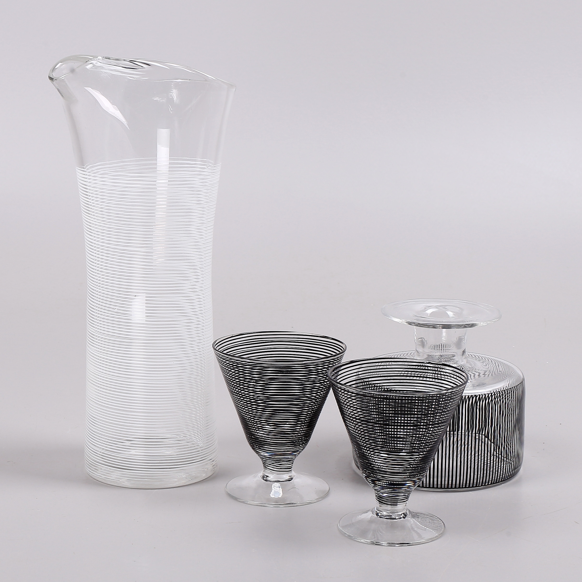 BENGT ORUP. Glas, karaff och vas, Party/Stripe, Johansfors, 1950/60-tal.