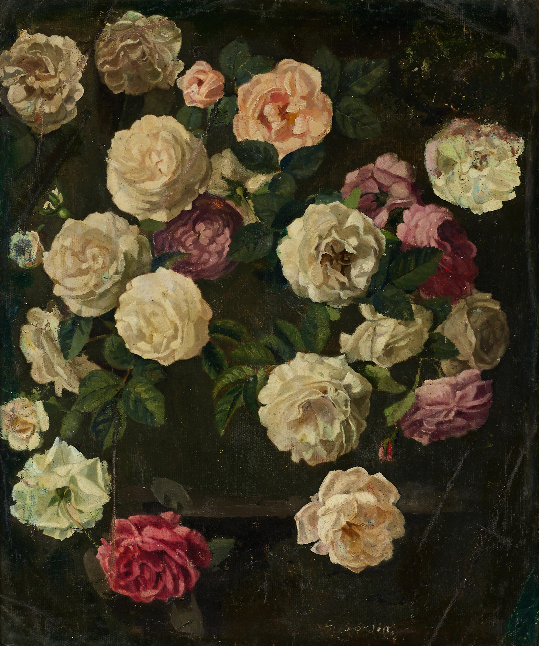 OIDENTIFIERAD KONSTNÄR. (1800-tal): Stilleben med blommor, otydlig signatur, olja på duk uppfodrad på pannå.