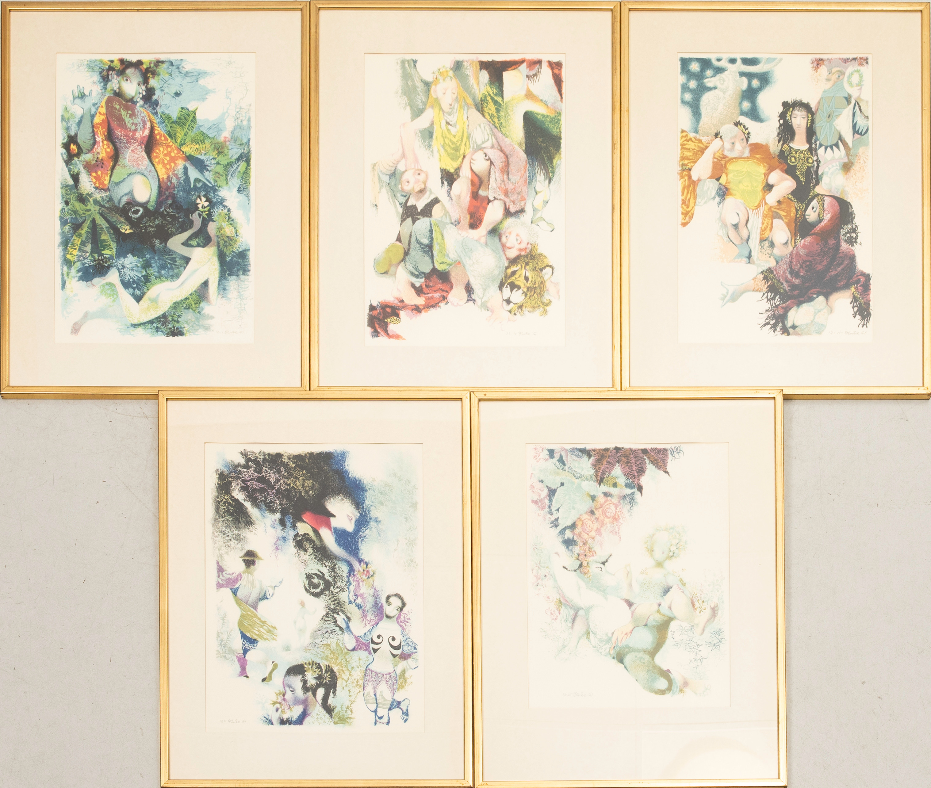 JIŘÍ TRNKA (1912-69). Fantasiväsen ur "Midsommarnattsdröm" färglitografier, 5 st, signerade, numrerade och daterade, 13/I-13V Trnka, -61. Mappomslag medföljer.