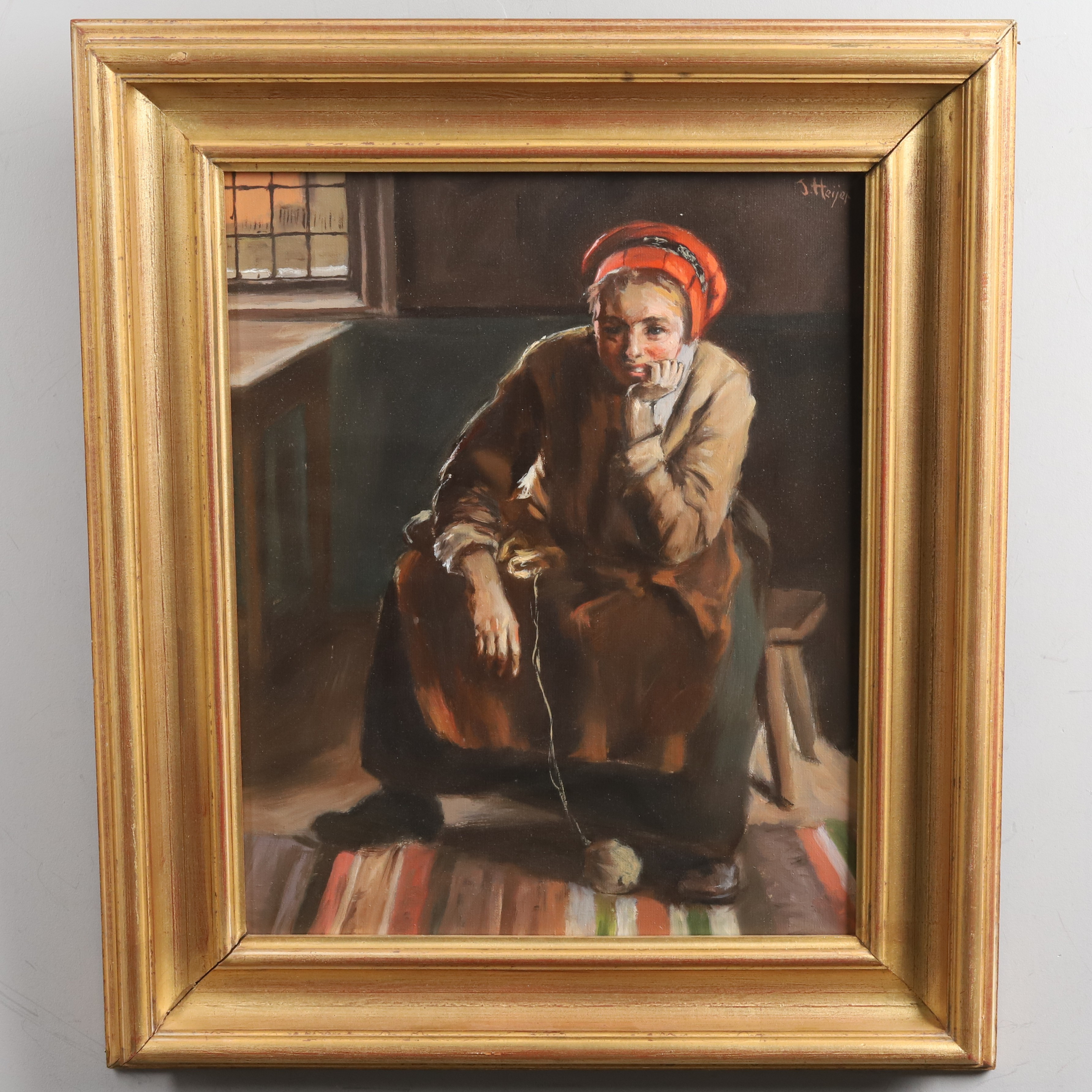JOHAN HEIJER. OLJA PÅ DUK, "Kvinna med nystan", signerad.