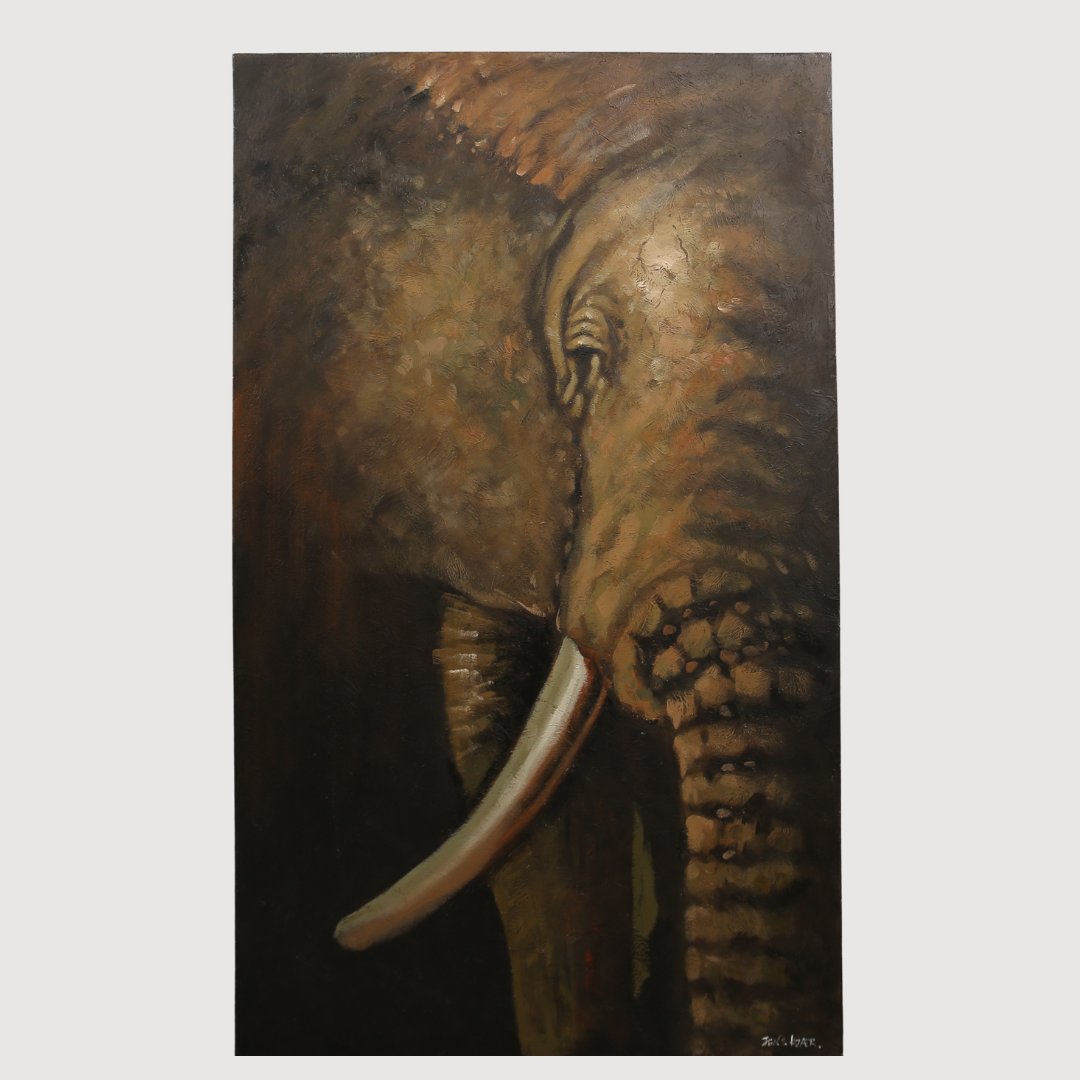 JENS KJAER. Olja på duk, elefant, signerad.