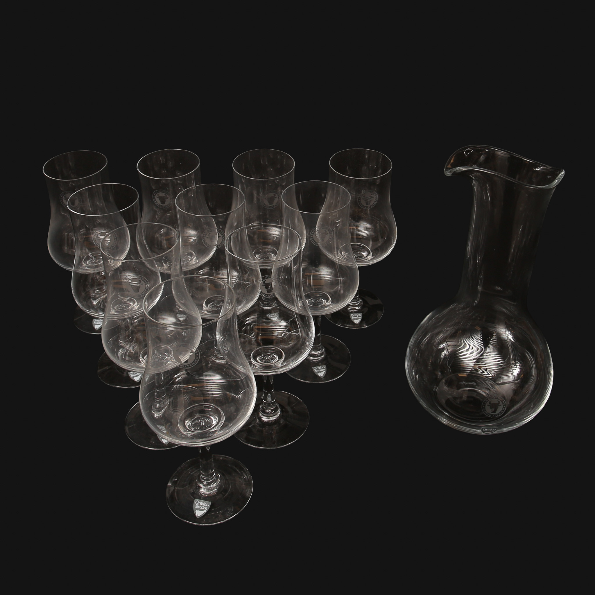 VINPROVARGLAS, Orrefors, 10 stycken i kartonger samt dekanteringskaraff/vinkanna.