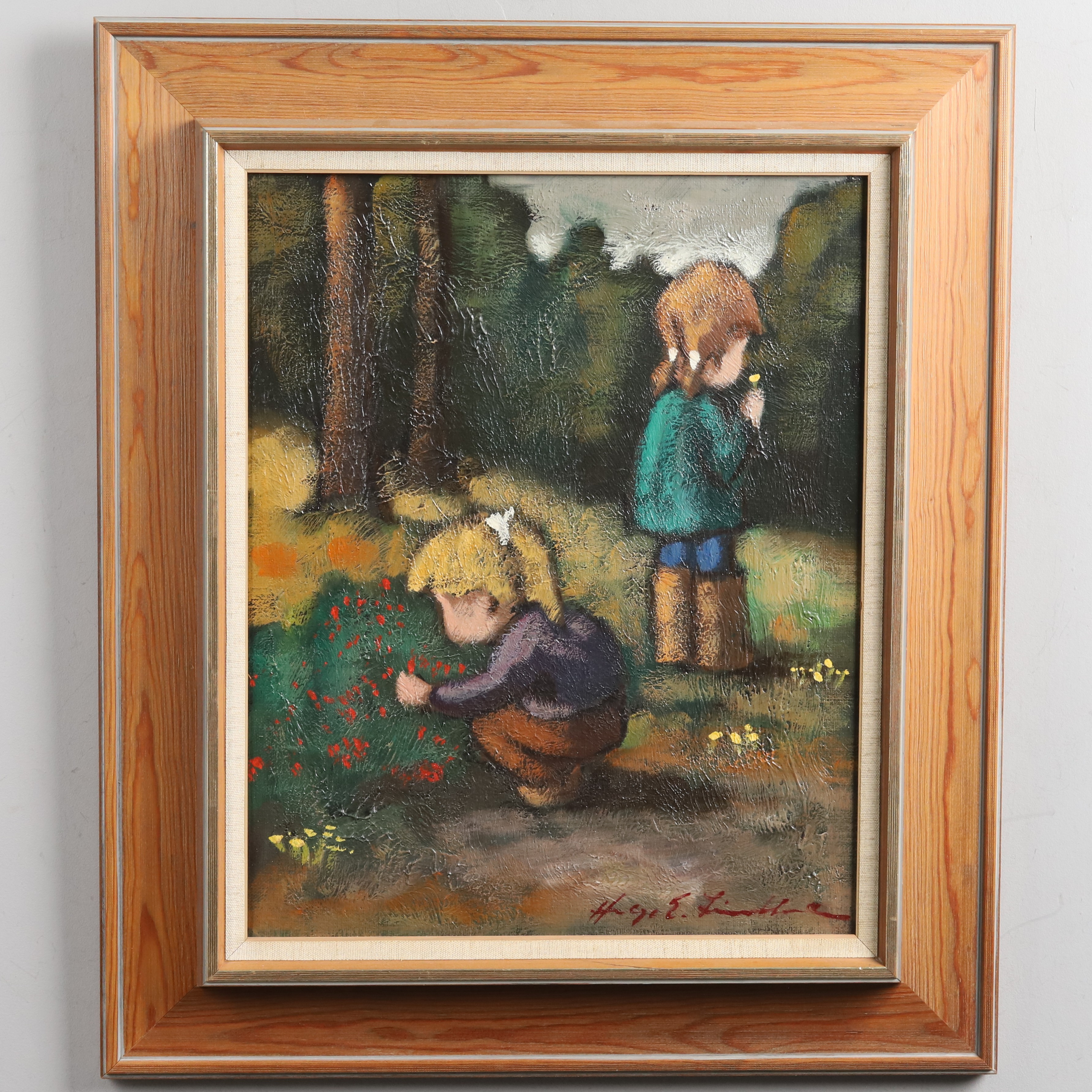 HELGE LINDHOLM. Olja på duk. "Två barn", signerad.