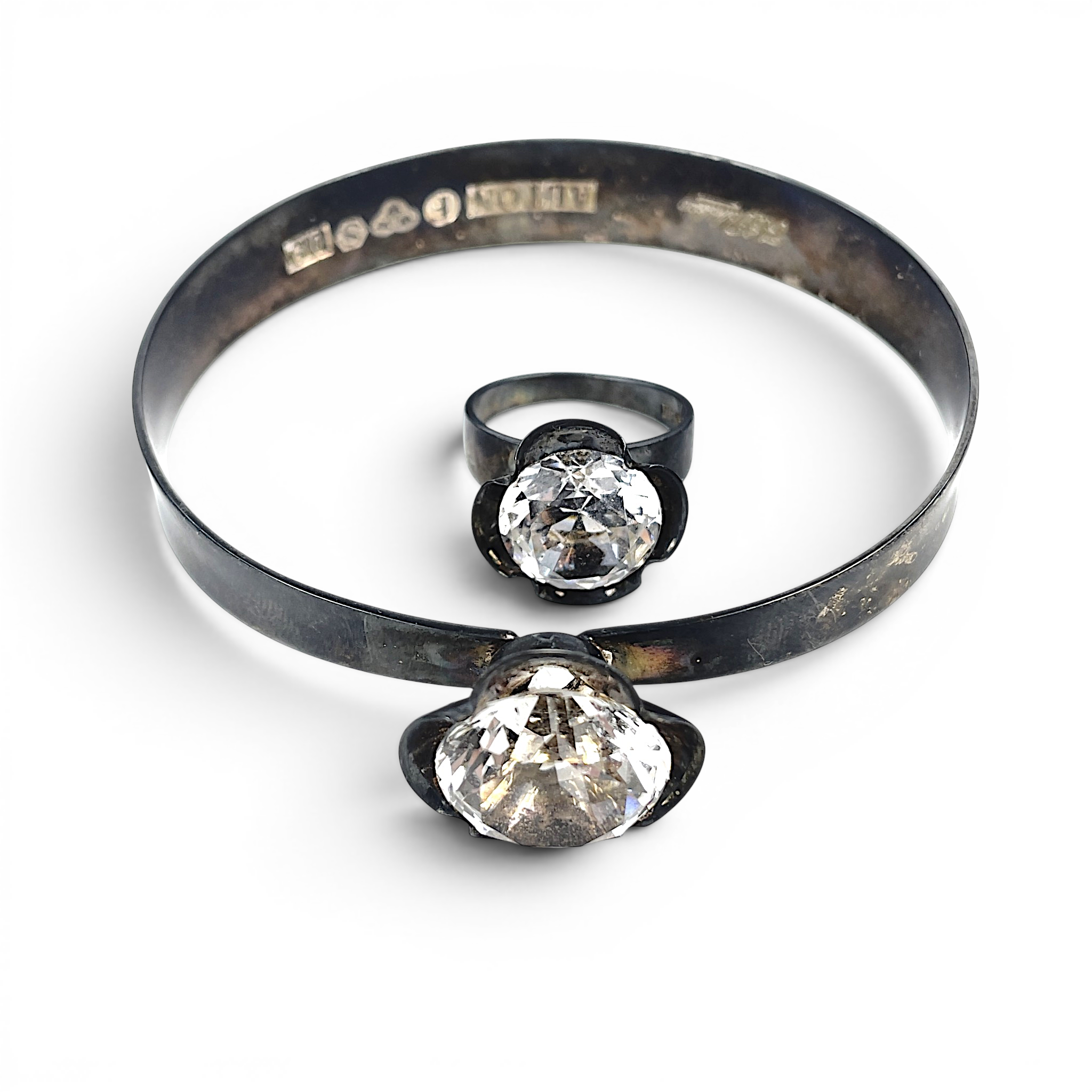 KARL-ERIK PALMBERG, armring samt ring, silver med vita stenar, Alton Guldvaru AB, Falköping, 1970.