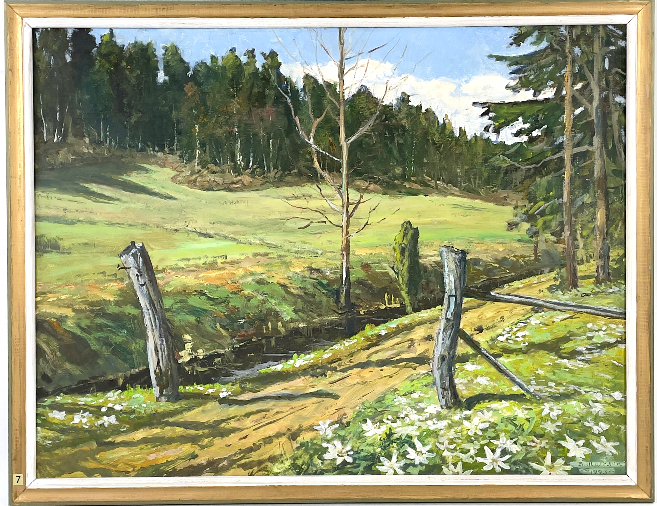 BERTIL MATTSON. "Grindstolpar", Norrtäljemotiv, olja på pannå, signerad & daterad B. Mattson 1993.