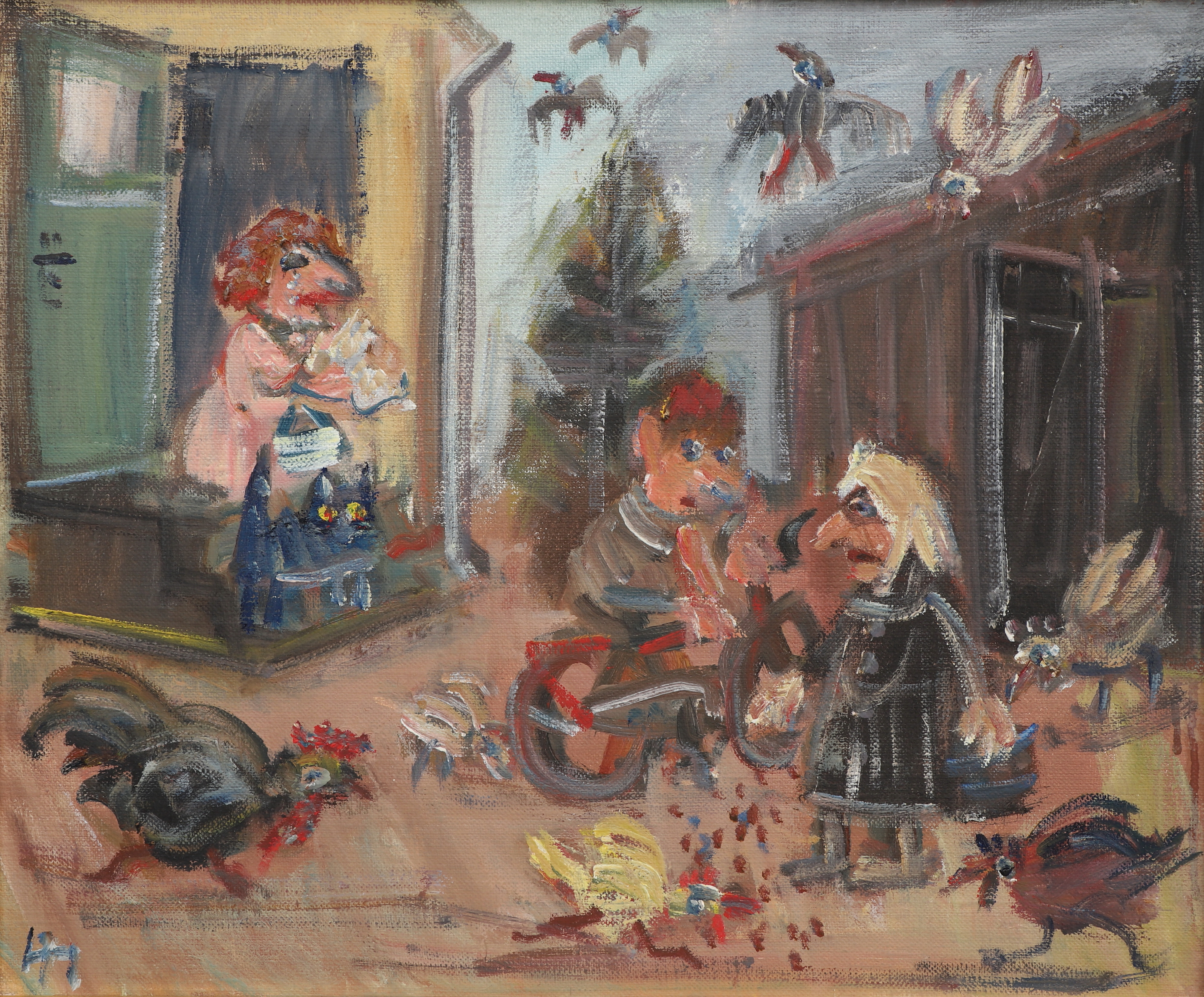 GUNNAR LJUNG. Olja på duk, matar hönsen, signerad, 1900-tal.