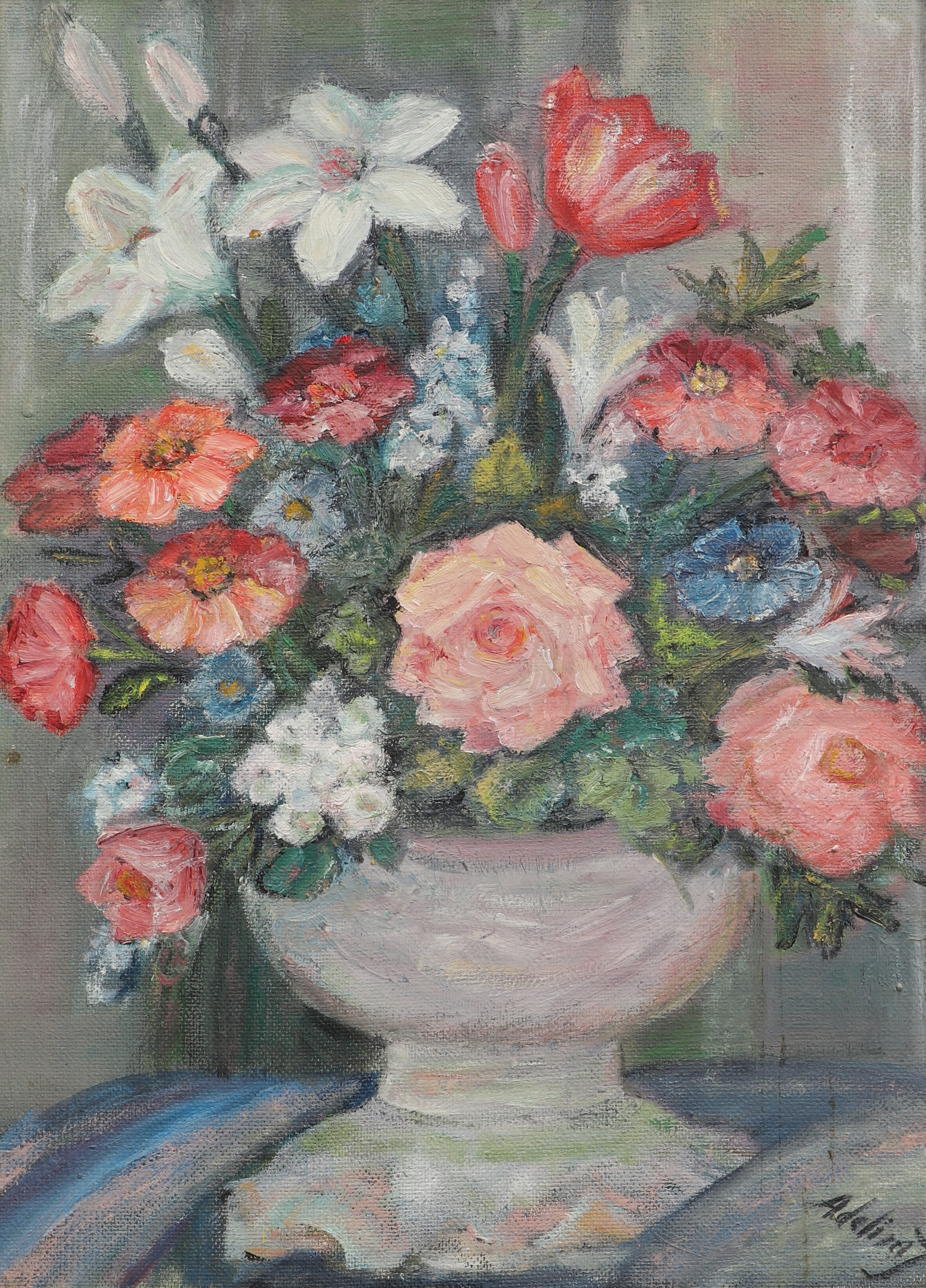 OIDENTIFIERAD KONSTNÄR. Olja på pannå, blomsterstilleben, signerad, 1900-tal.