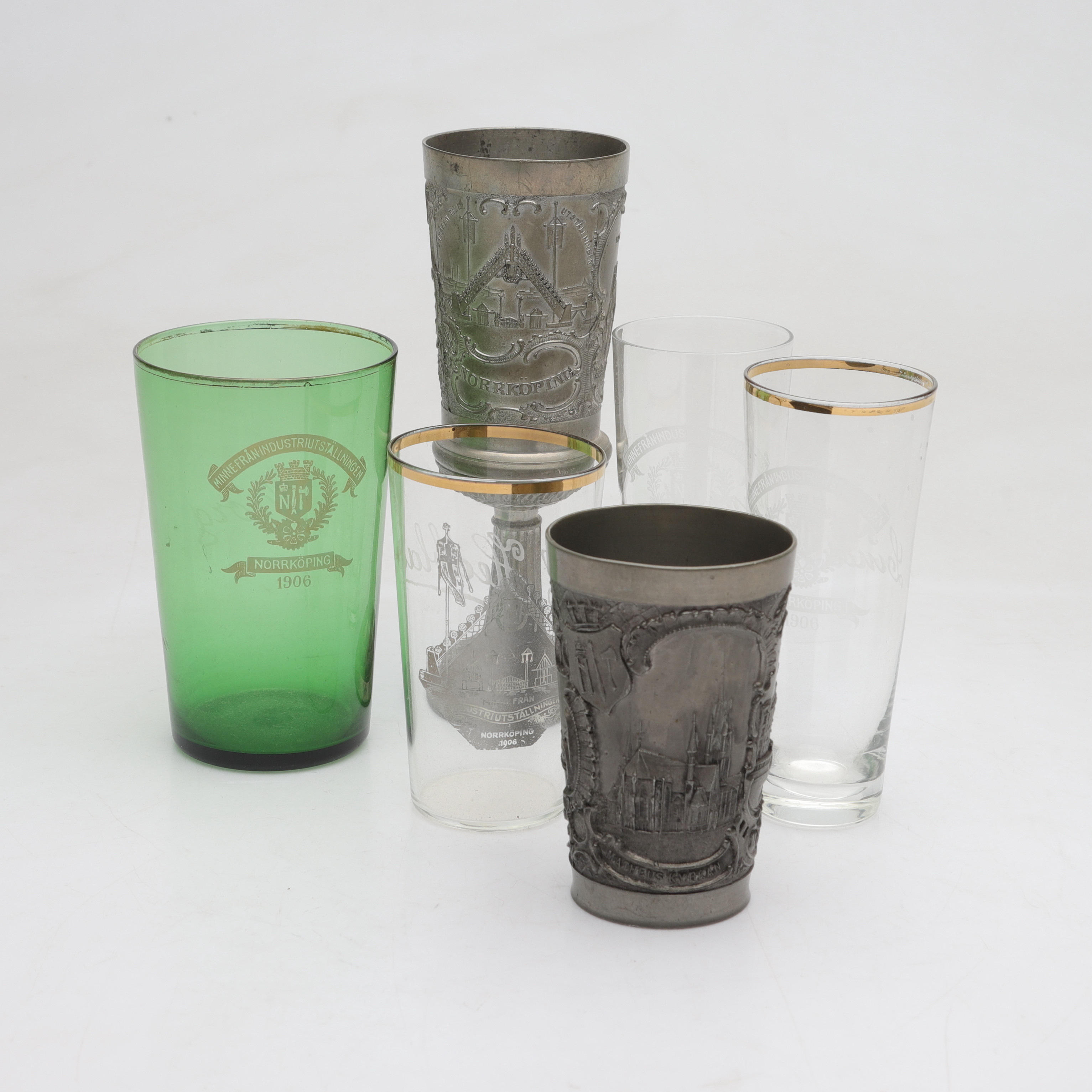 SOUVENIRER, 6 st, glas/tenn, "Industriutställningen Norrköping 1906".