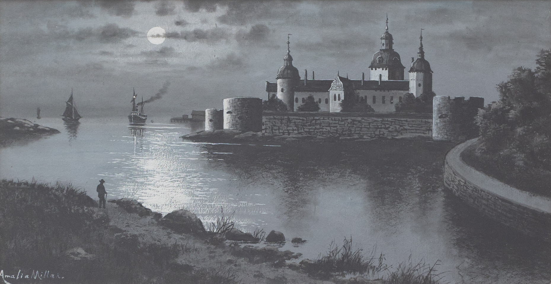 AMALIA MELIN-MILLAR (1871-1967). Kalmar slott i månsken, blandteknik, 1900-talets förta hälft.
