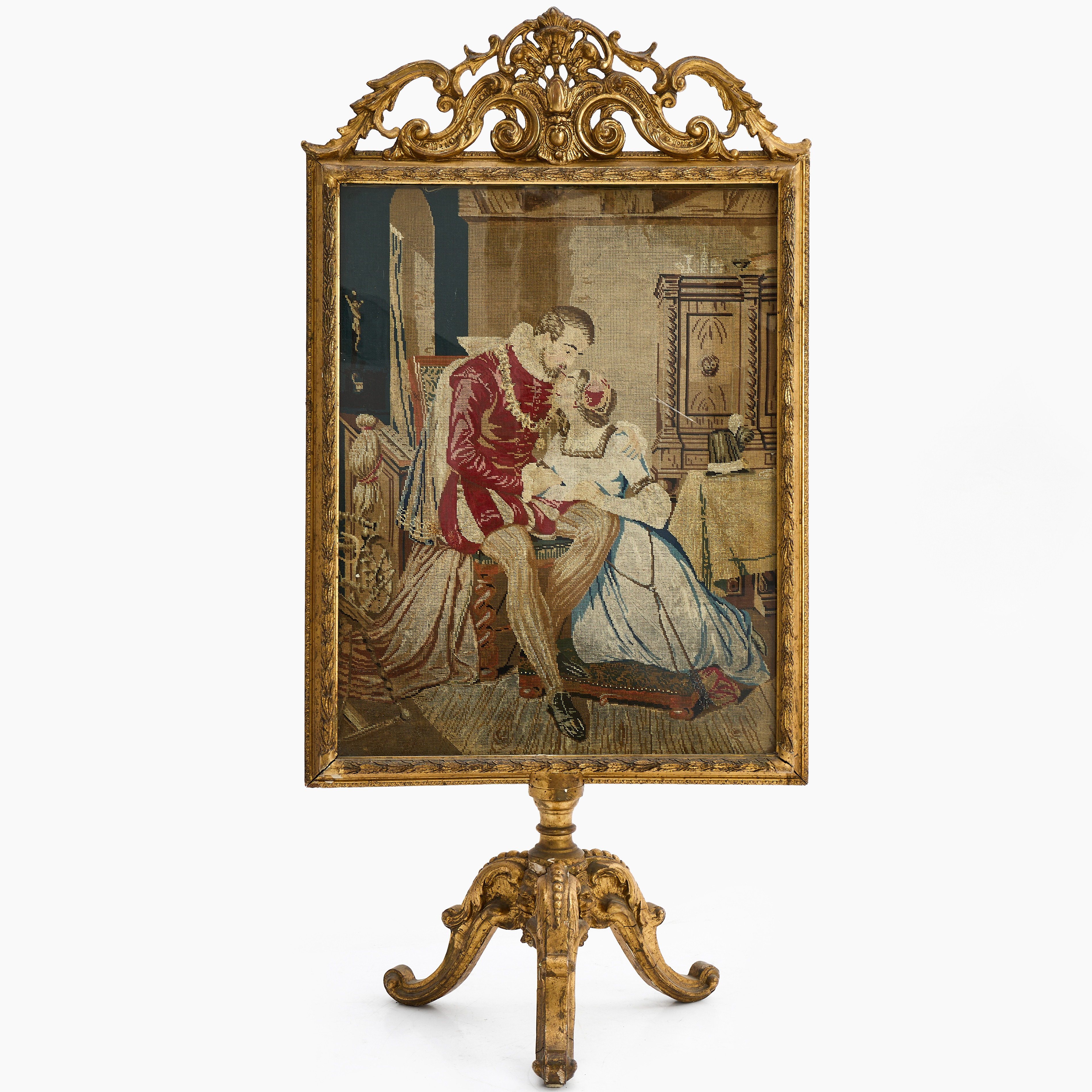 BRASSKÄRM, 1800-tal, broderat motiv med sittande man, förgylld ram.