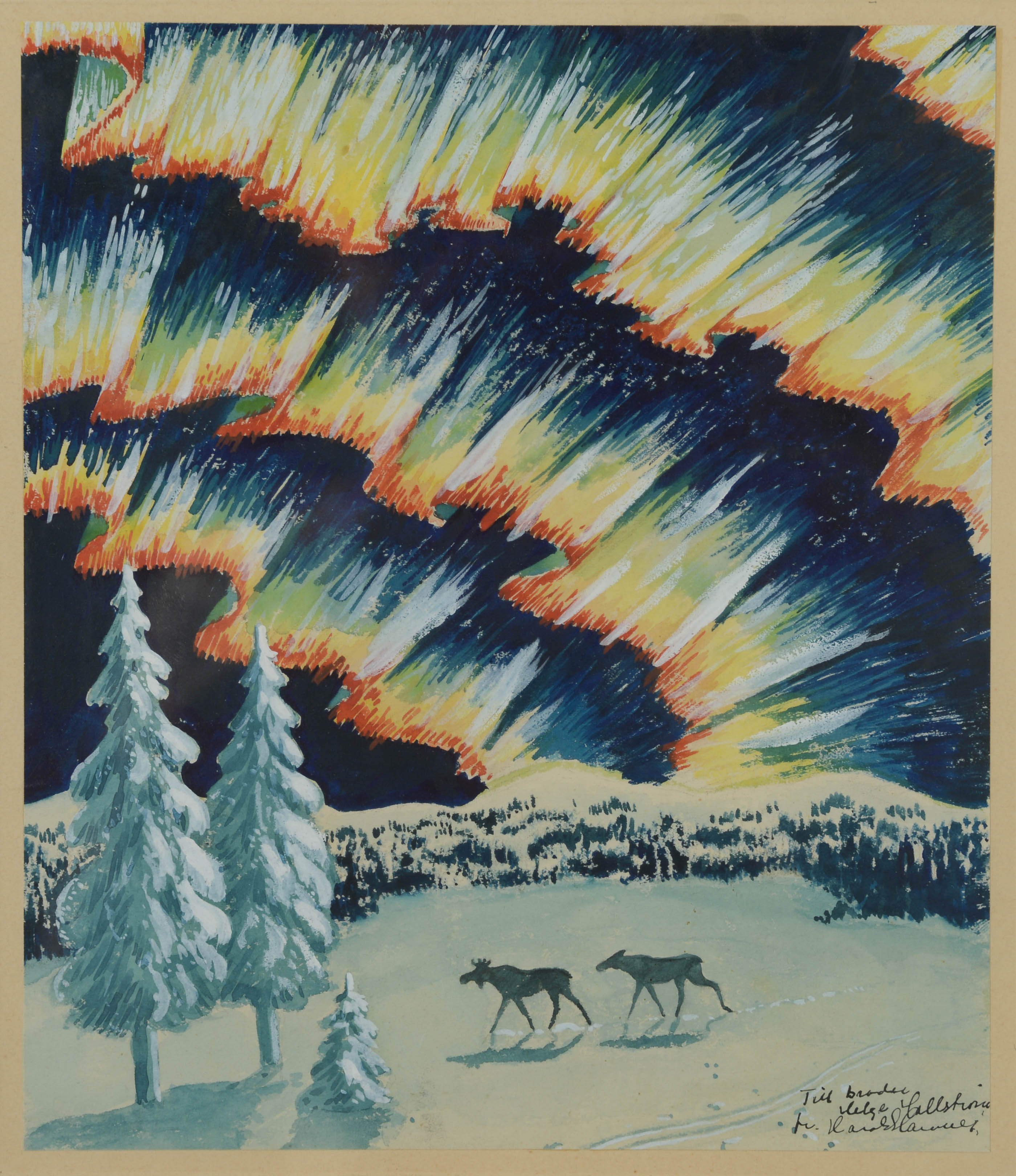 OIDENTIFIERAD KONSTNÄR. Älgar i norrsken, gouache, signerad, a tergo daterad 1936.