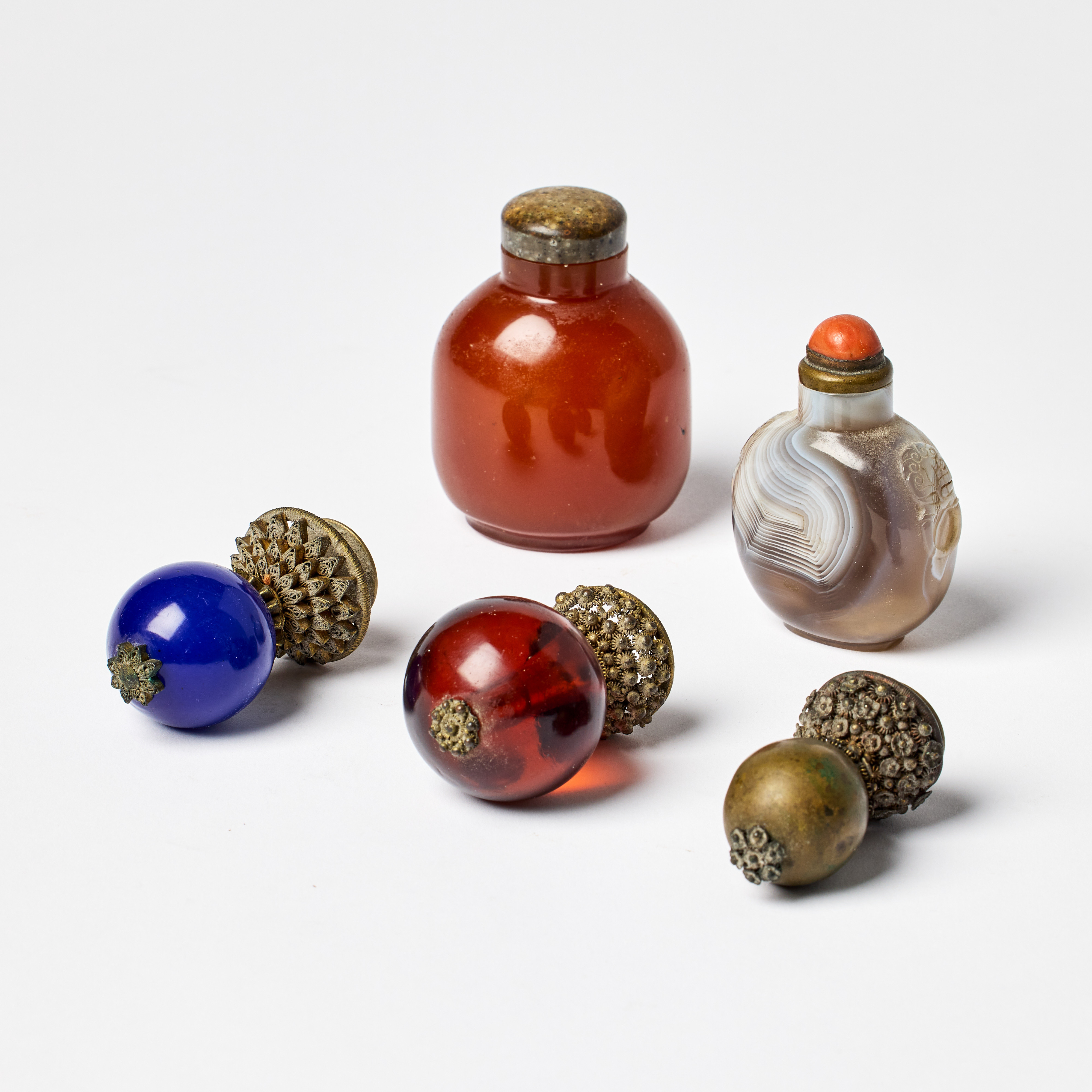 Three Chinese Mandarin Court Hat Finials and Two Snuff Bottles.