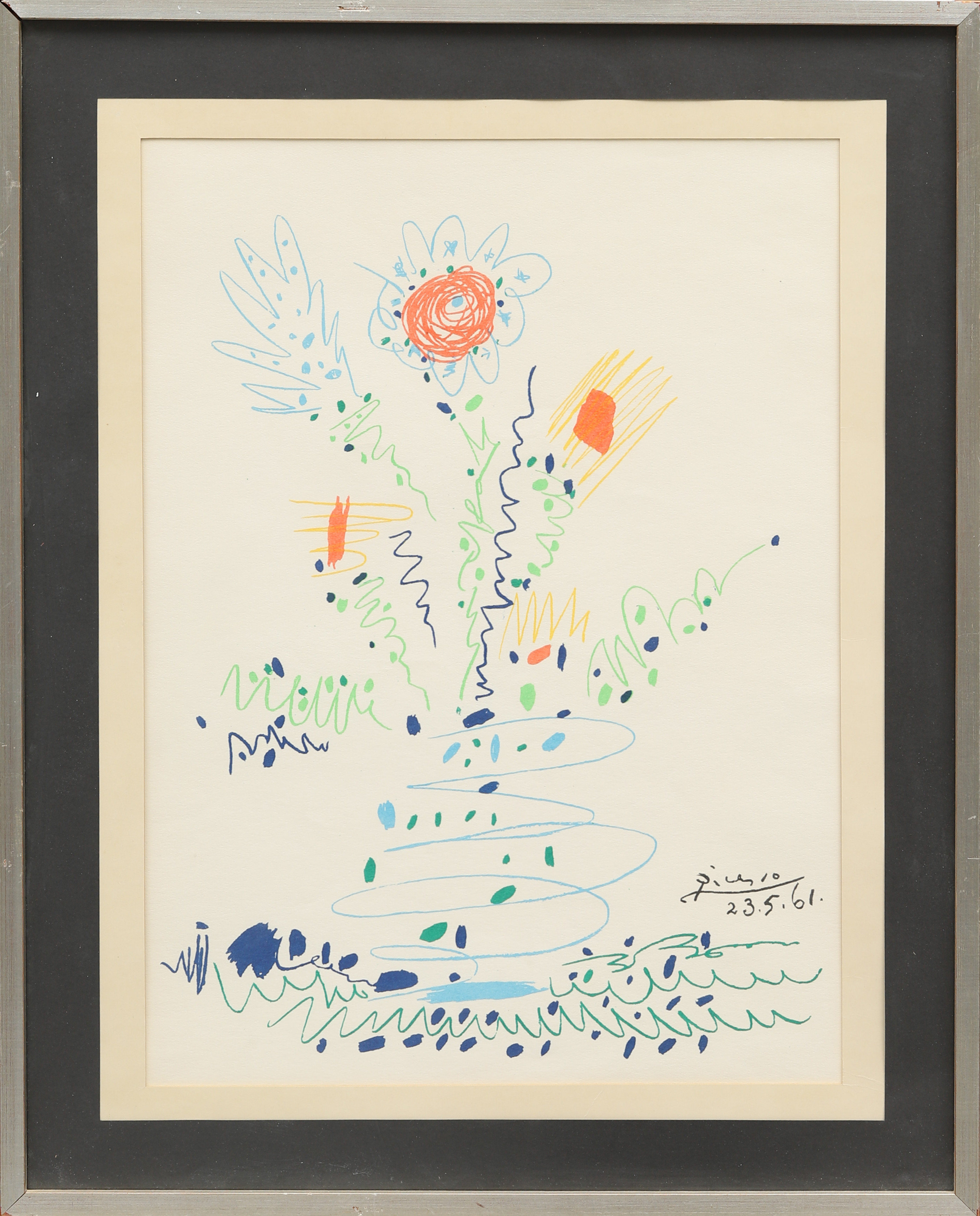PABLO PICASSO. EFTER. "Fleurs", färglitografi signerad och daterad 12.5.61 i trycket.