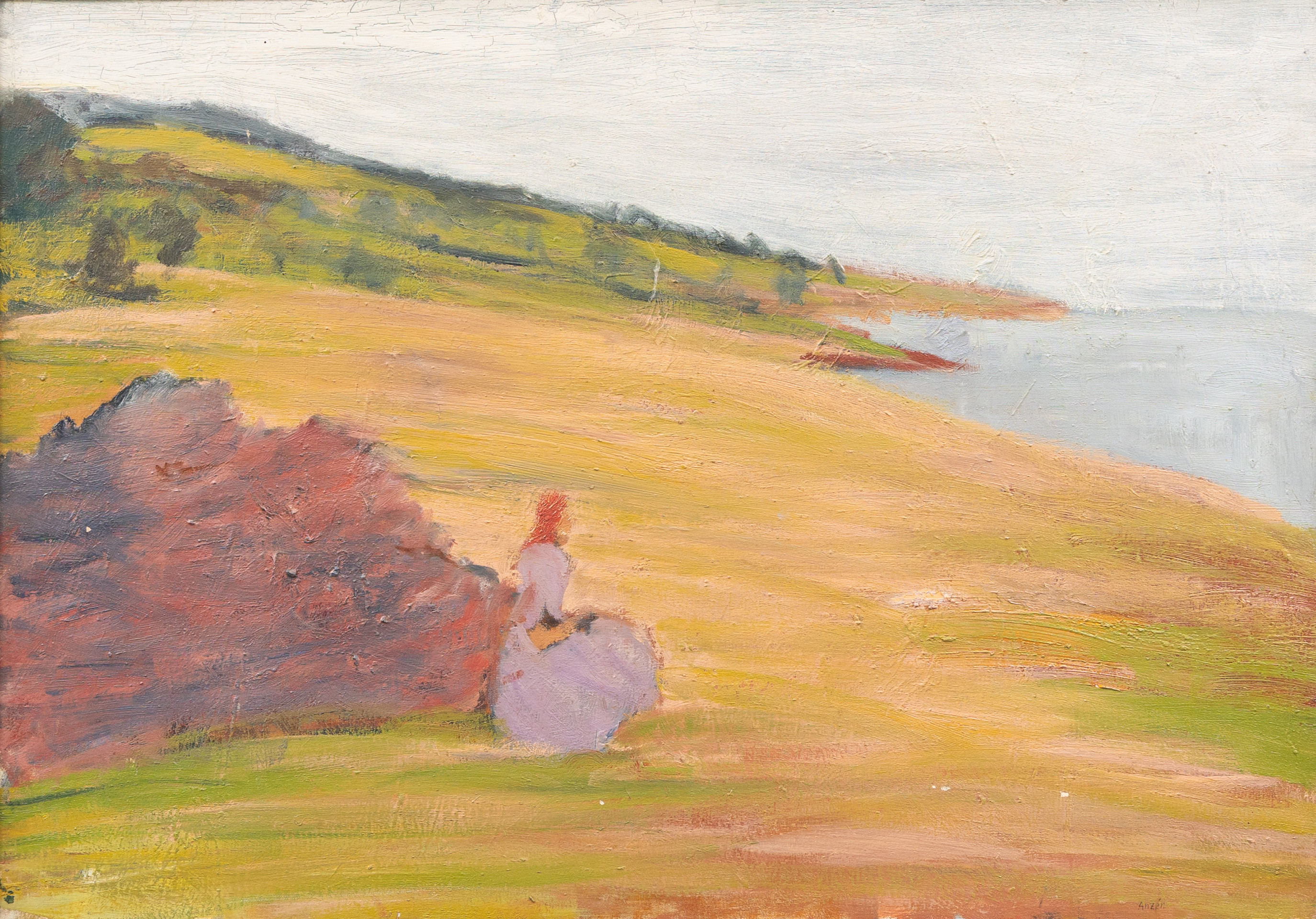 BERTIL ANZÉN (1912-?). Kvinna vid Haväng, olja på duk, signerad.