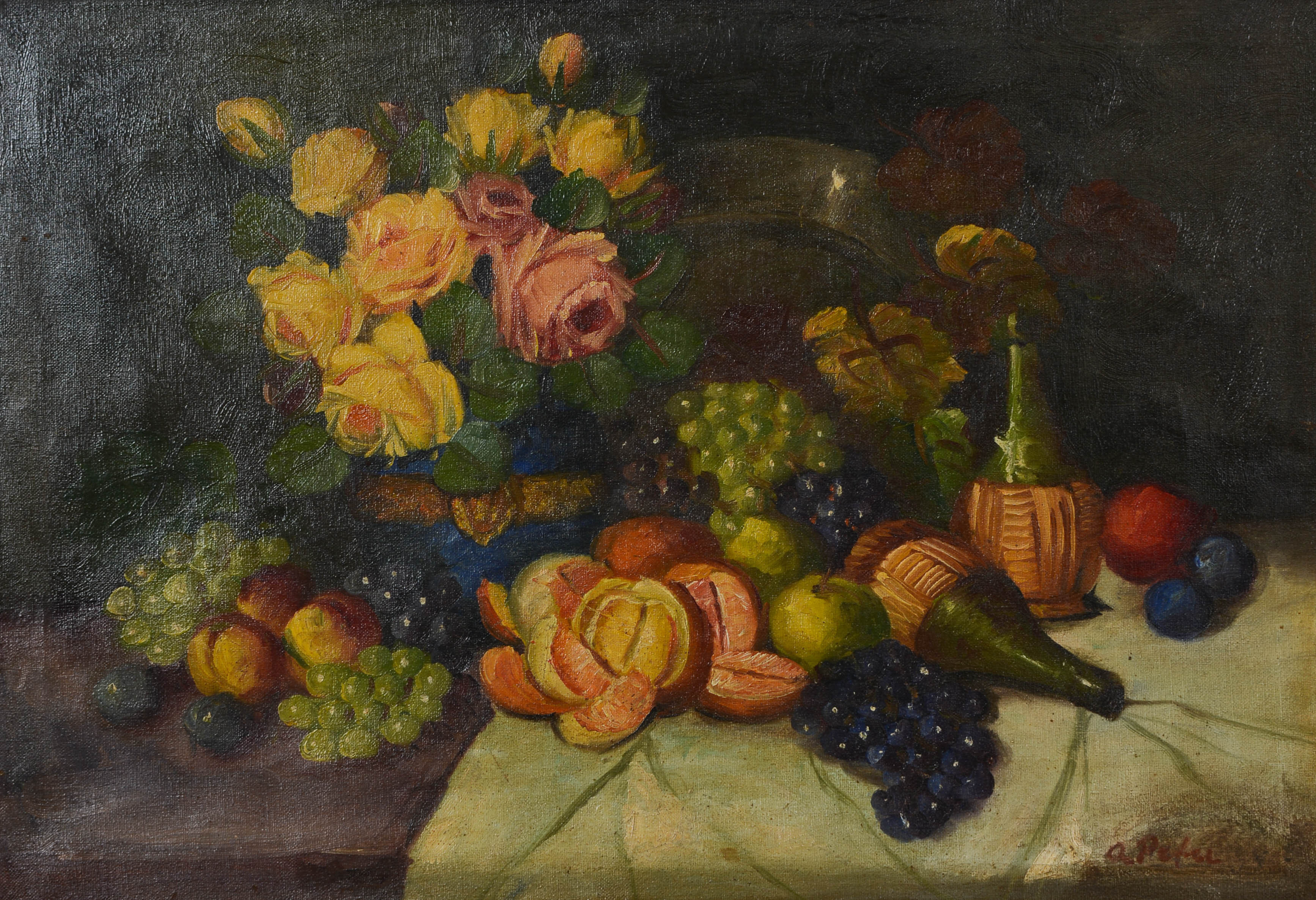 AXEL PETER. Stilleben med blommor, druvor och flaskor, olja på duk, signerad.