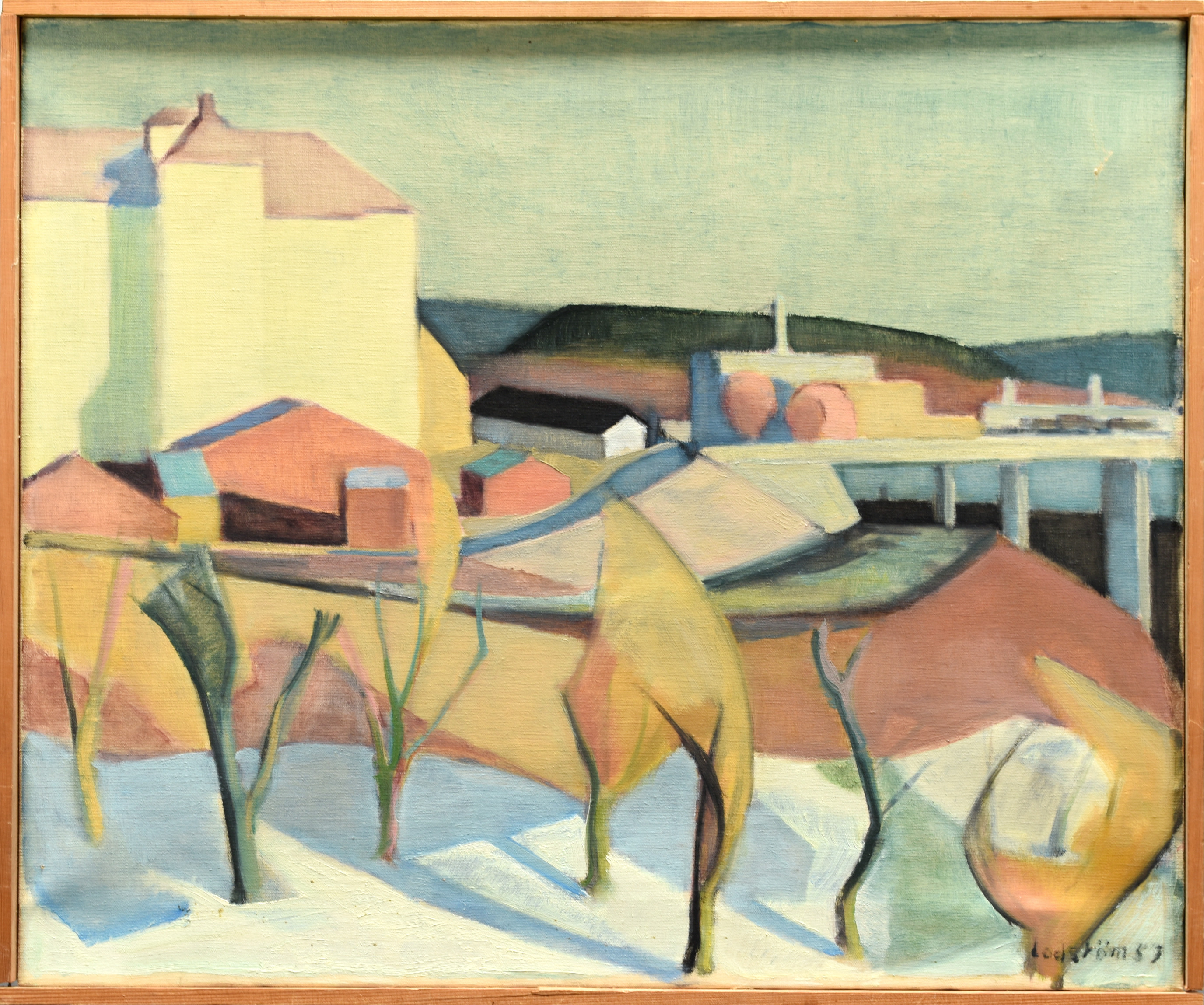 GEORG LODSTRÖM. Olja på duk, signerad, daterad 1953 "Småstadsvy".