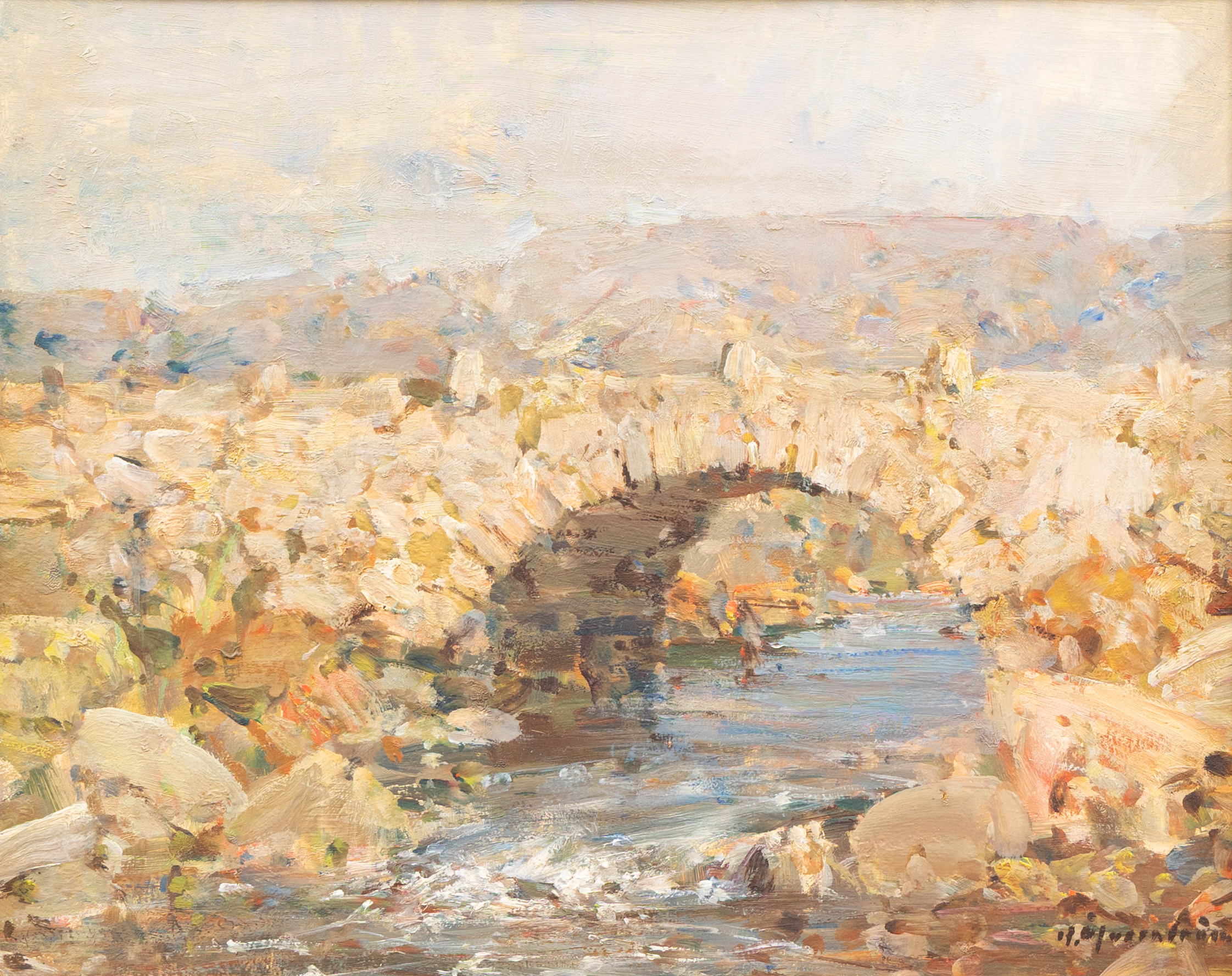 HUGO ÖFVERSTRÖM (1900-1972). Stenbro över ån, olja på pannå, signerad.