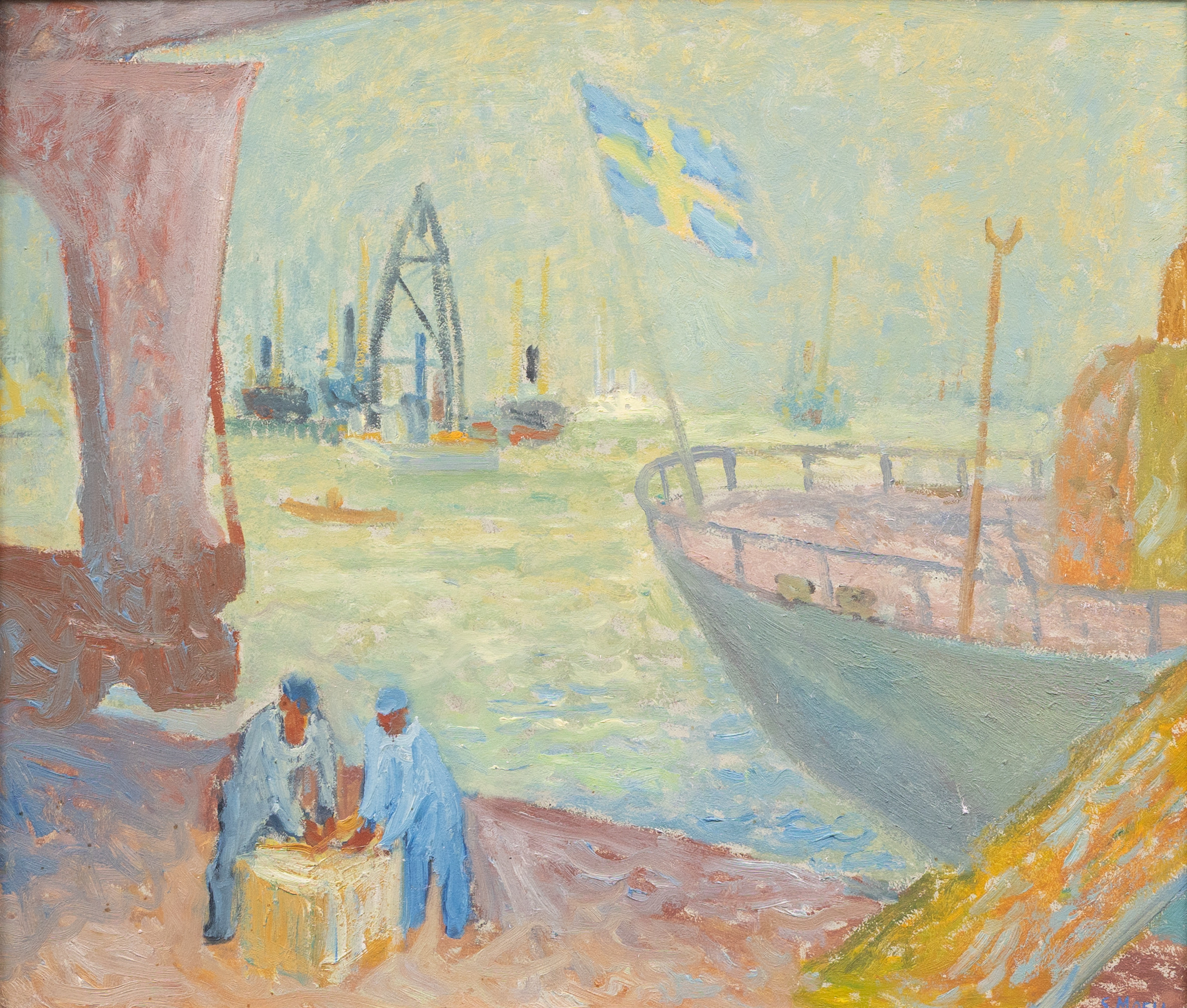 SVEN MOËLL (1894-1974). Troligen frihamnen, Göteborg, olja på pannå, signerad.
