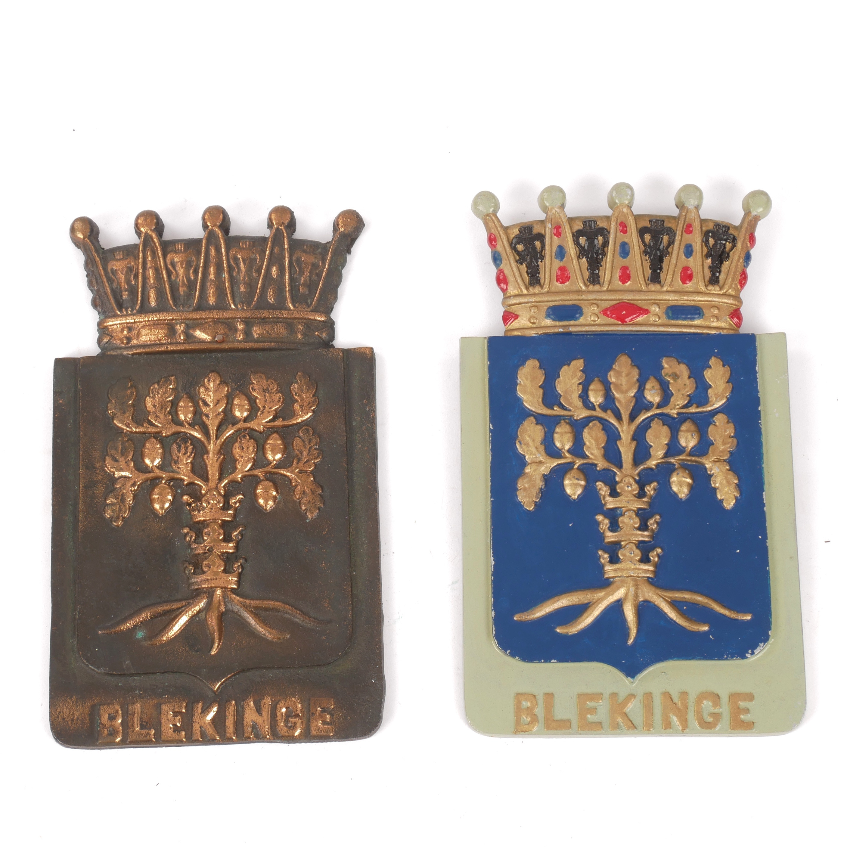 LANDSKAPSSKÖLDAR, 2 st, "Blekinge", metall, 1900-tal.