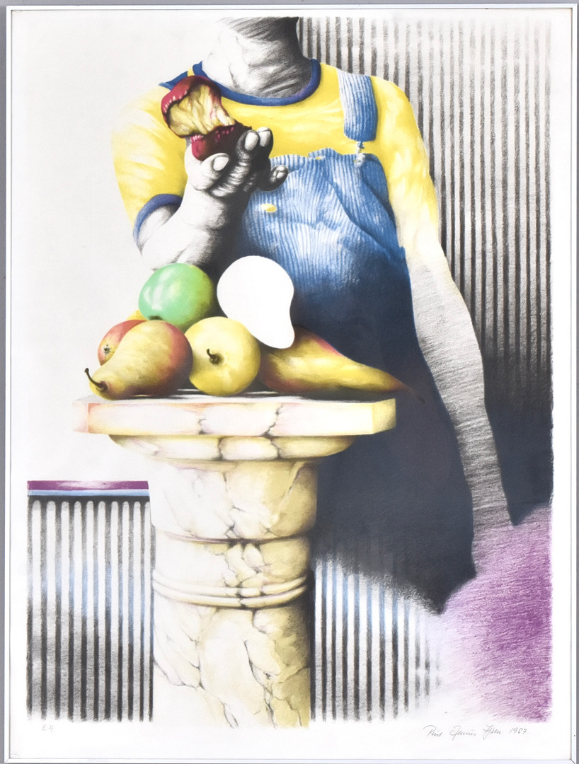 POUL JANUS IPSEN. Färglitografi, surrealistisk komposition man med frukter.
