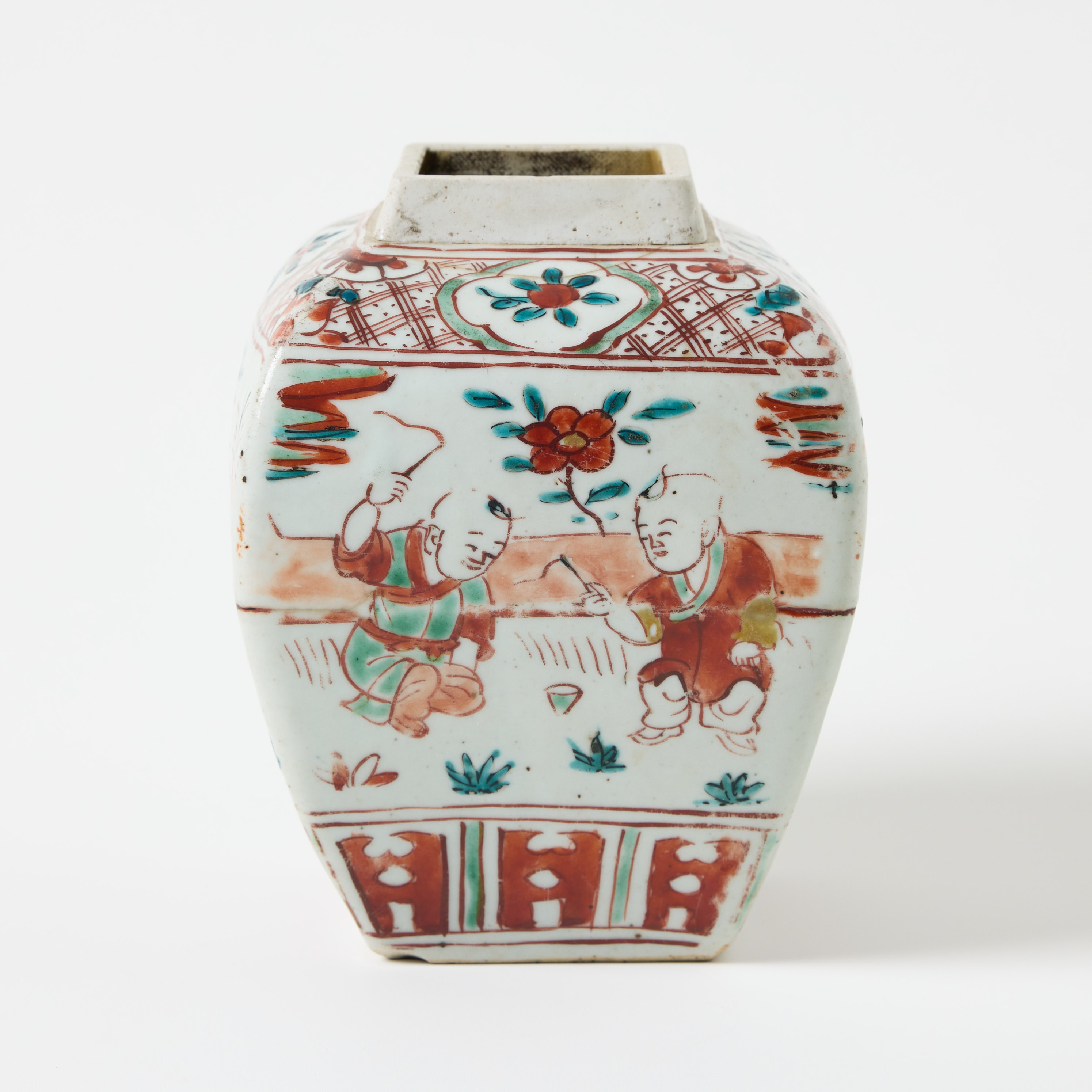 A Chinese Red and Green Square Jar.