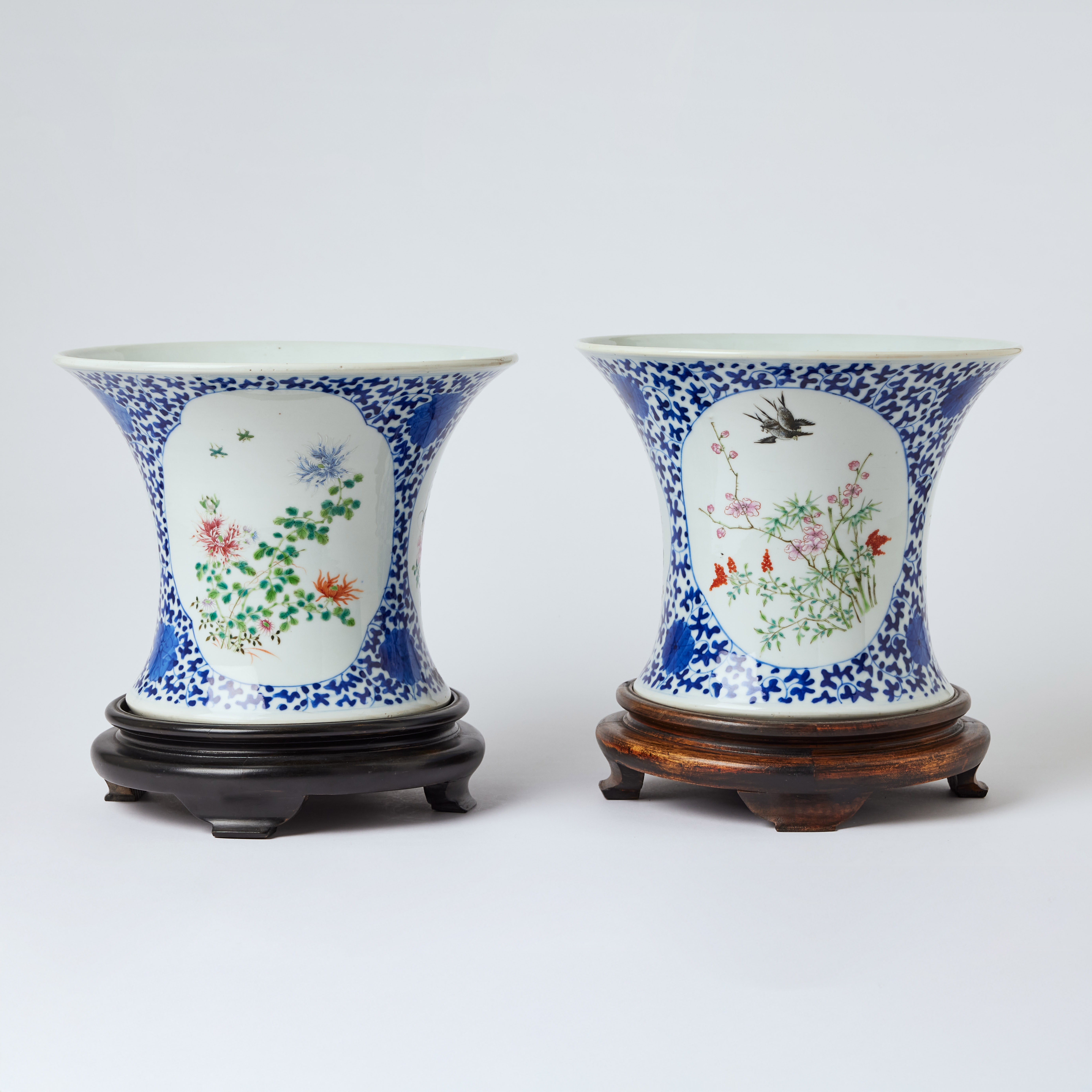 A Pair of Chinese Underglaze-Blue and Famille Rose Porcelain Jardinières.