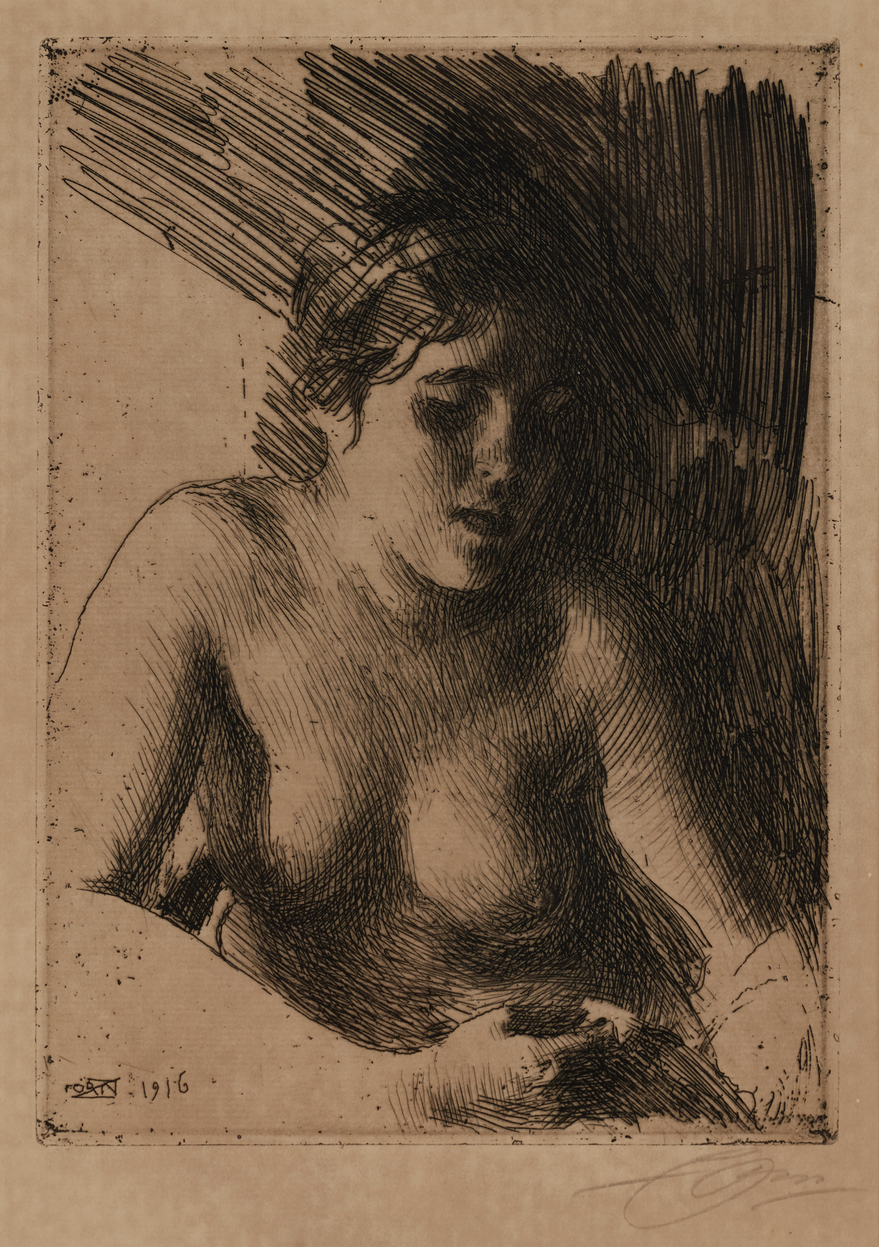ANDERS ZORN (1860–1920). "Byst", signerad i blyerts samt signerad och daterad i plåten Zorn 1916, etsning. 2 état (ovanlig - armens kontur ofullbordad).