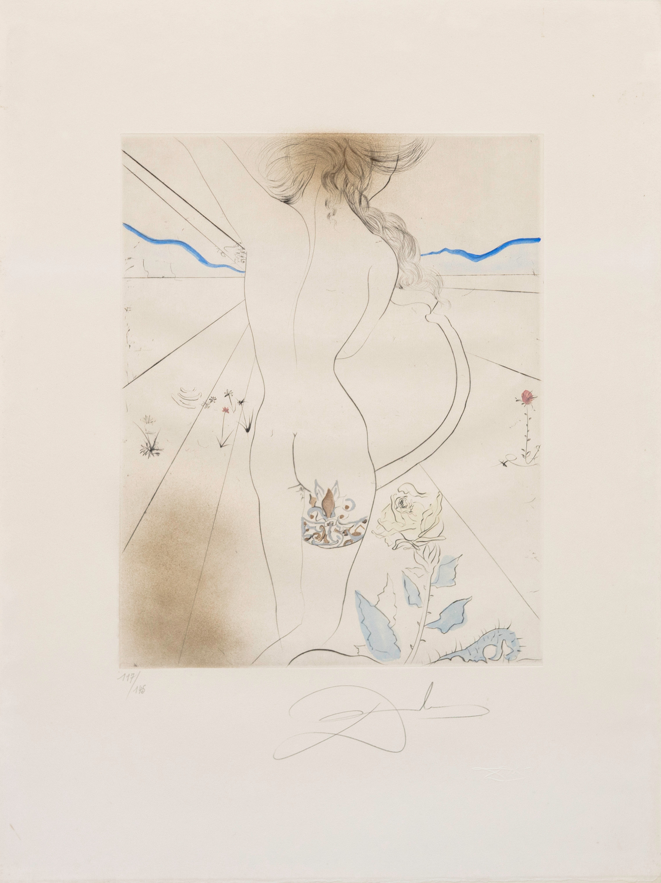 SALVADOR DALÍ. "Nu a la jarretière", ur sviten "Les Hippies", kolorerad torrnålsgravyr, signerad och numrerad 117/145.