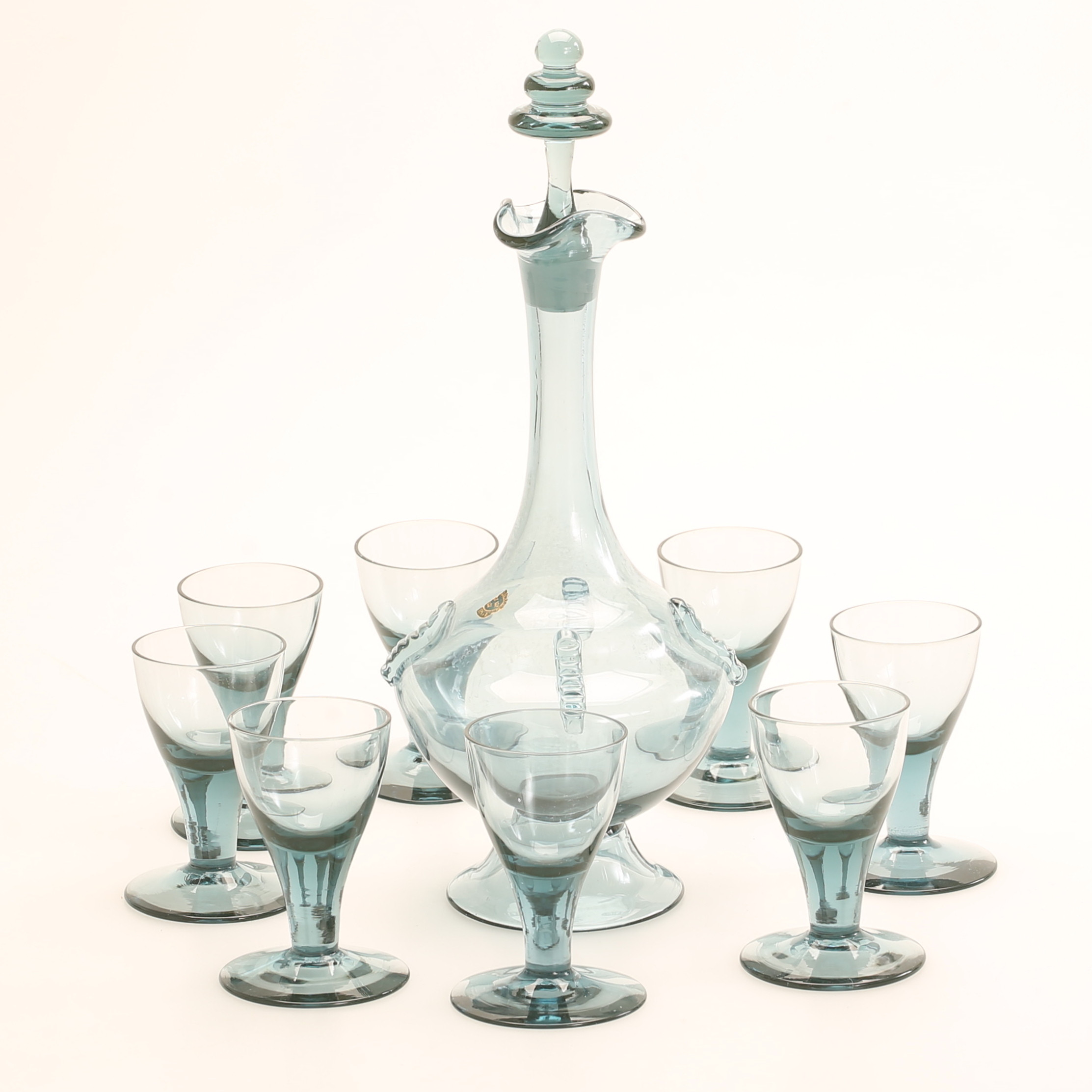 STEN BRANZELL. Karaff. Snapsglas, 8 stycken. Reijmyre 1920-tal.