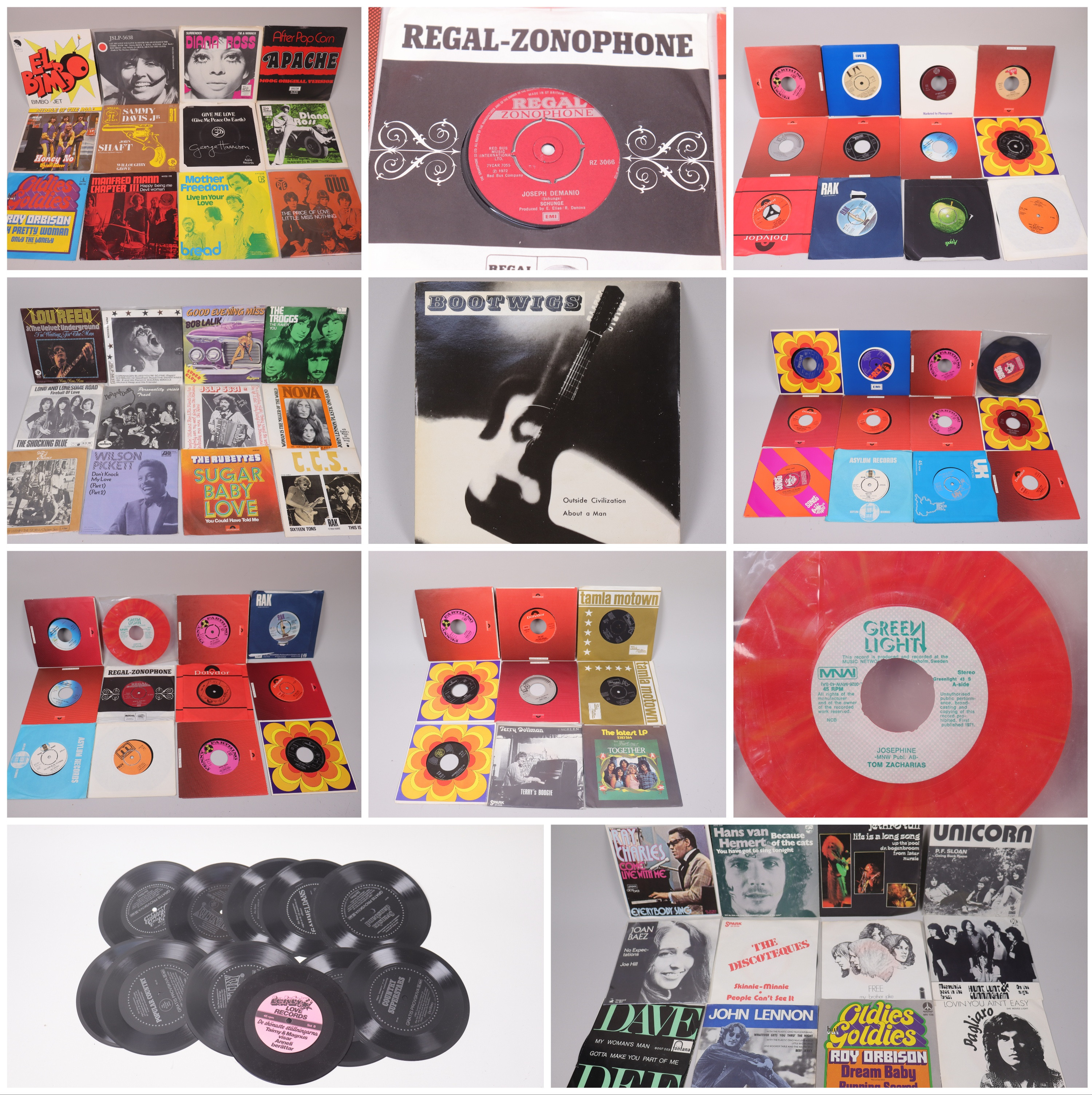 VINYL, EP / SINGLAR, 70 st, Bootwigs, Manfred Mann, John Lennon, Free, Unicorn, Lou Reed, Peps, Troggs mm.